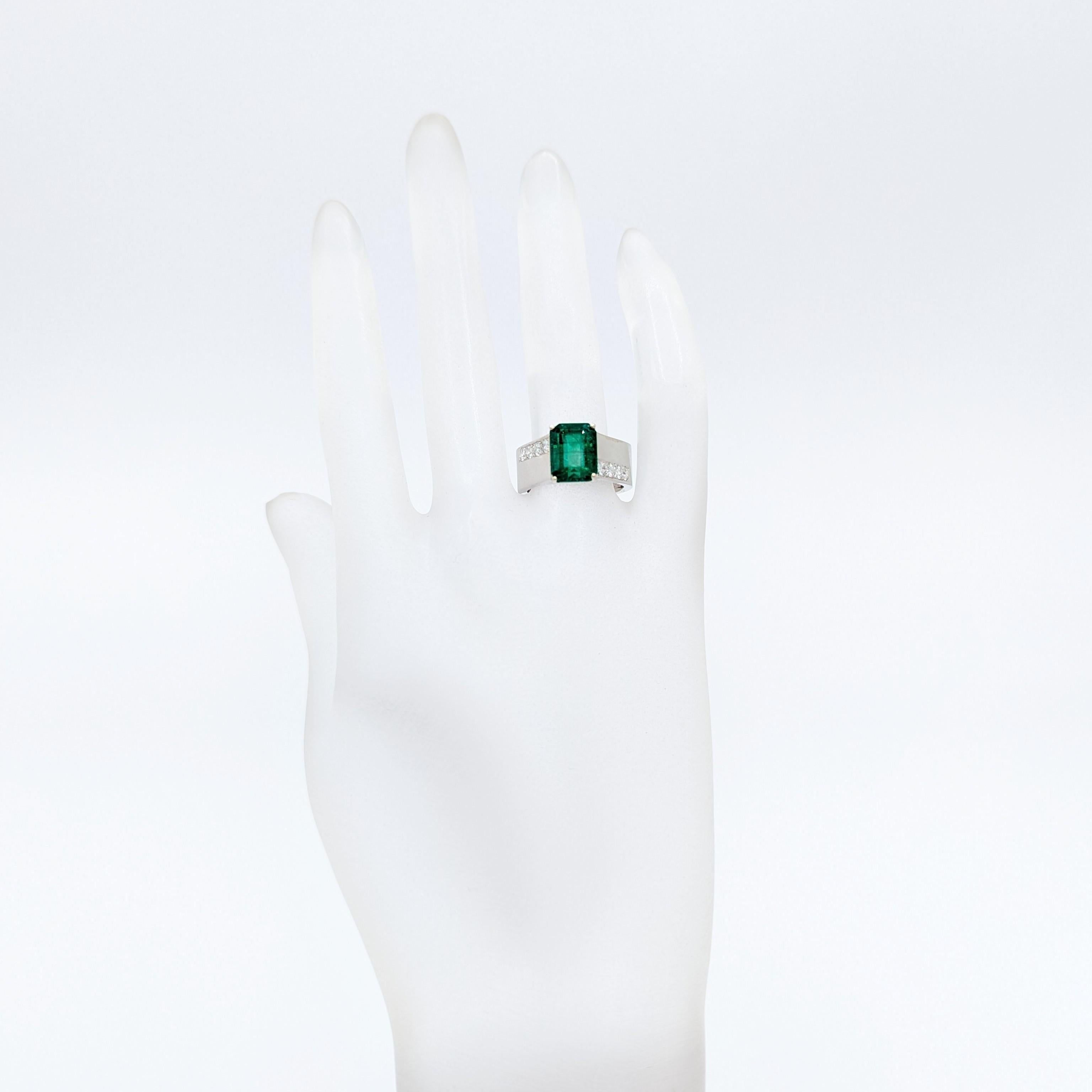 Emerald Cut Emerald and White Diamond Ring in 14K White Gold For Sale