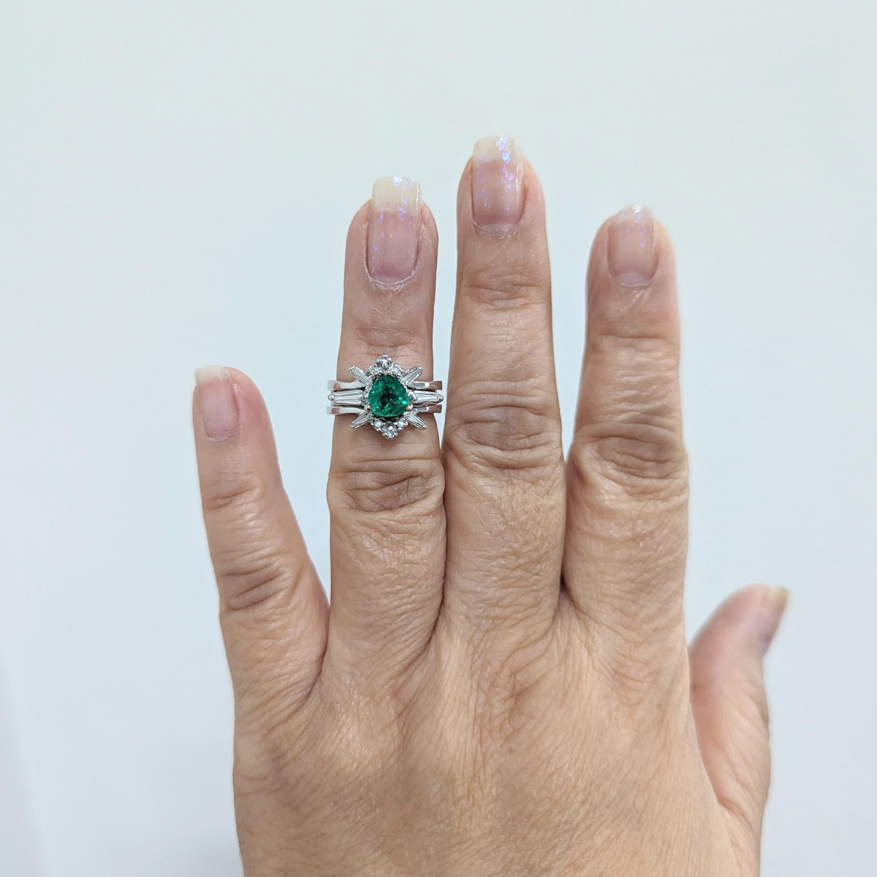 Pear Cut Emerald and White Diamond Ring in 14K White Gold & Platinum For Sale