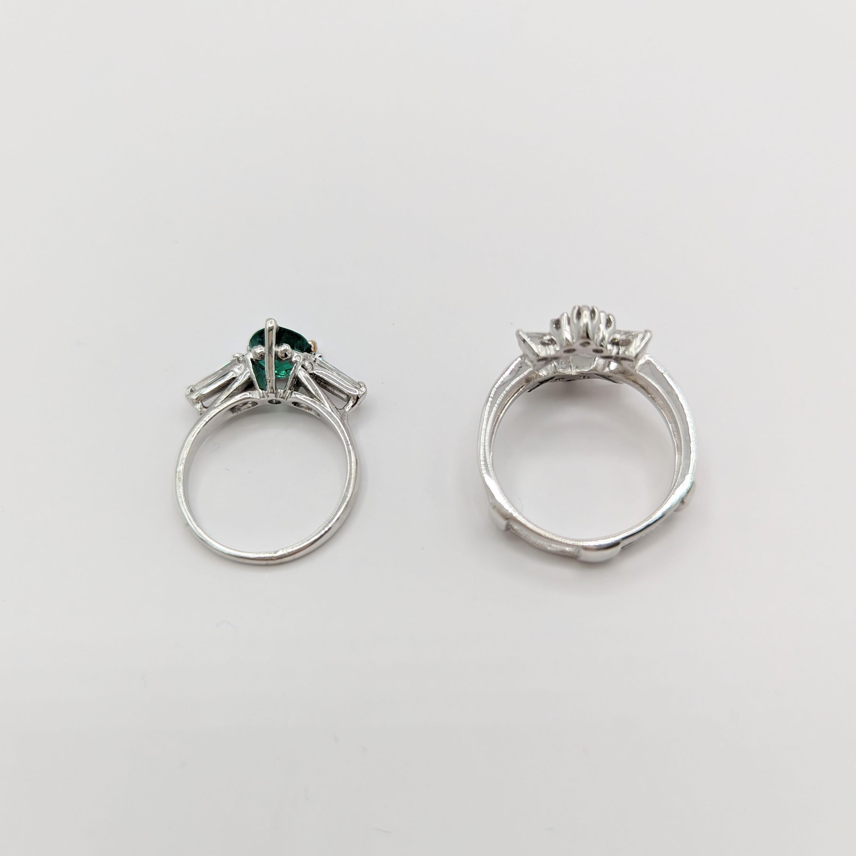 Ring mit Smaragd und weißem Diamanten aus 14 Karat Weißgold und Platin im Angebot 3