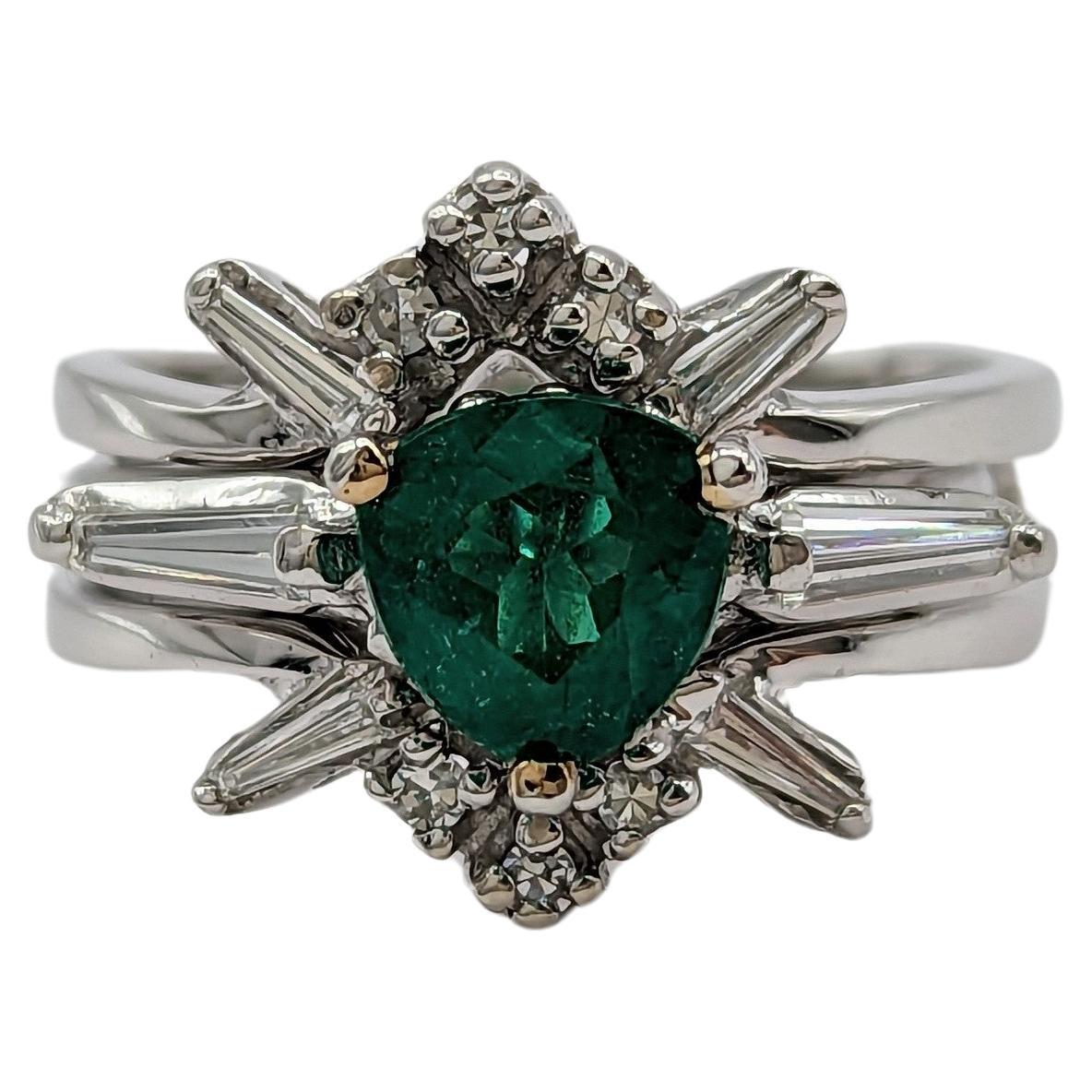 Emerald and White Diamond Ring in 14K White Gold & Platinum For Sale