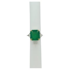 Emerald and White Diamond Three Stone Ring in Platinum & 18K Yellow Gold