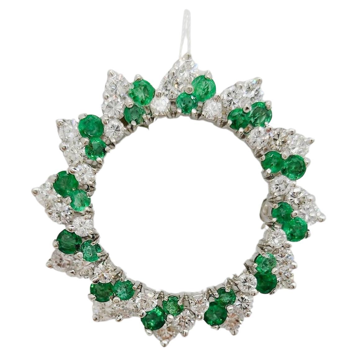 Emerald and White Diamond Wreath Brooch in 14k White Gold