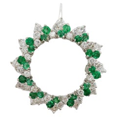 Emerald and White Diamond Wreath Brooch in 14k White Gold