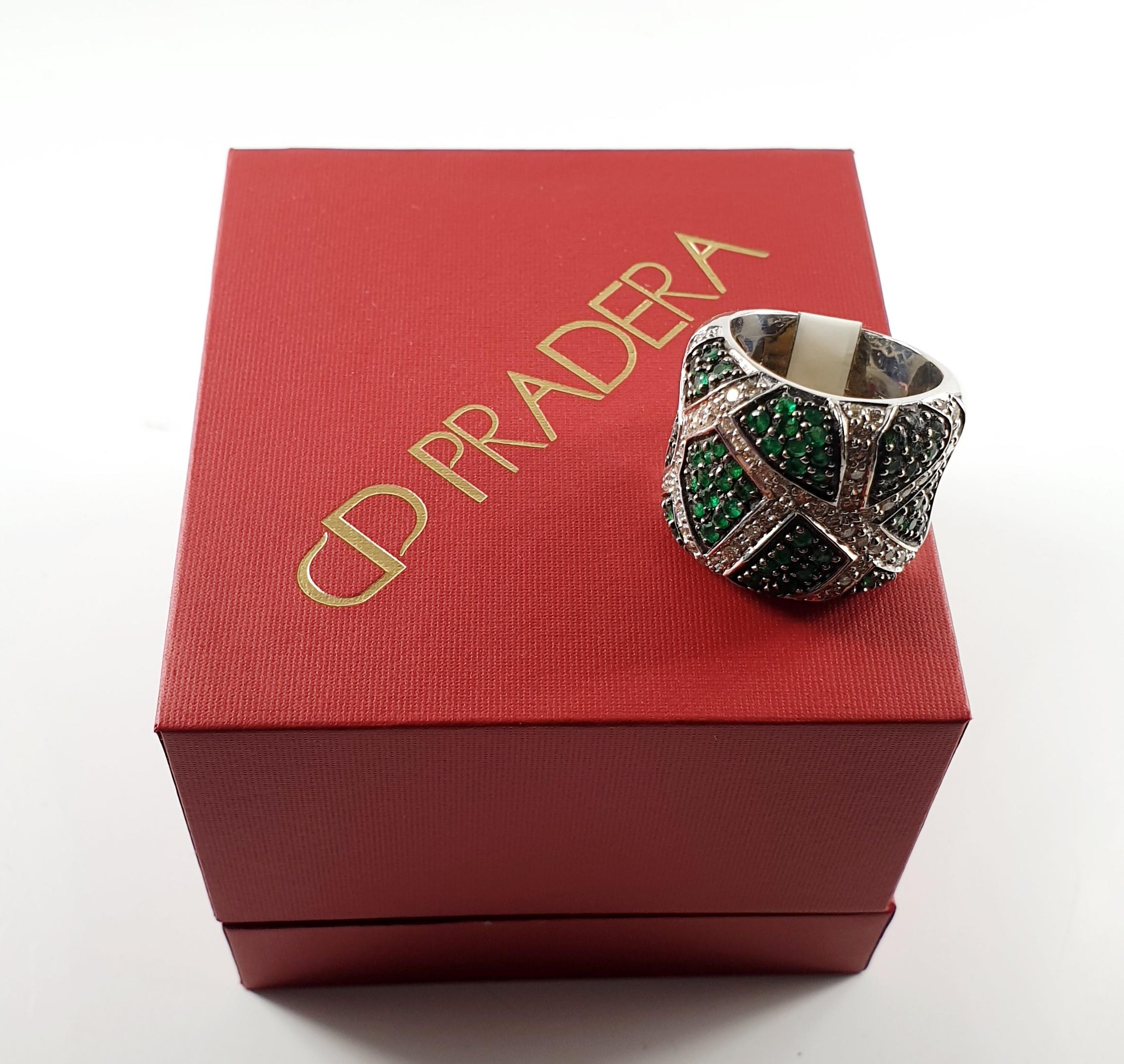Women's Emerald and White Diamonds in Chessboard Design in 18 Karat White Gold Ring For Sale