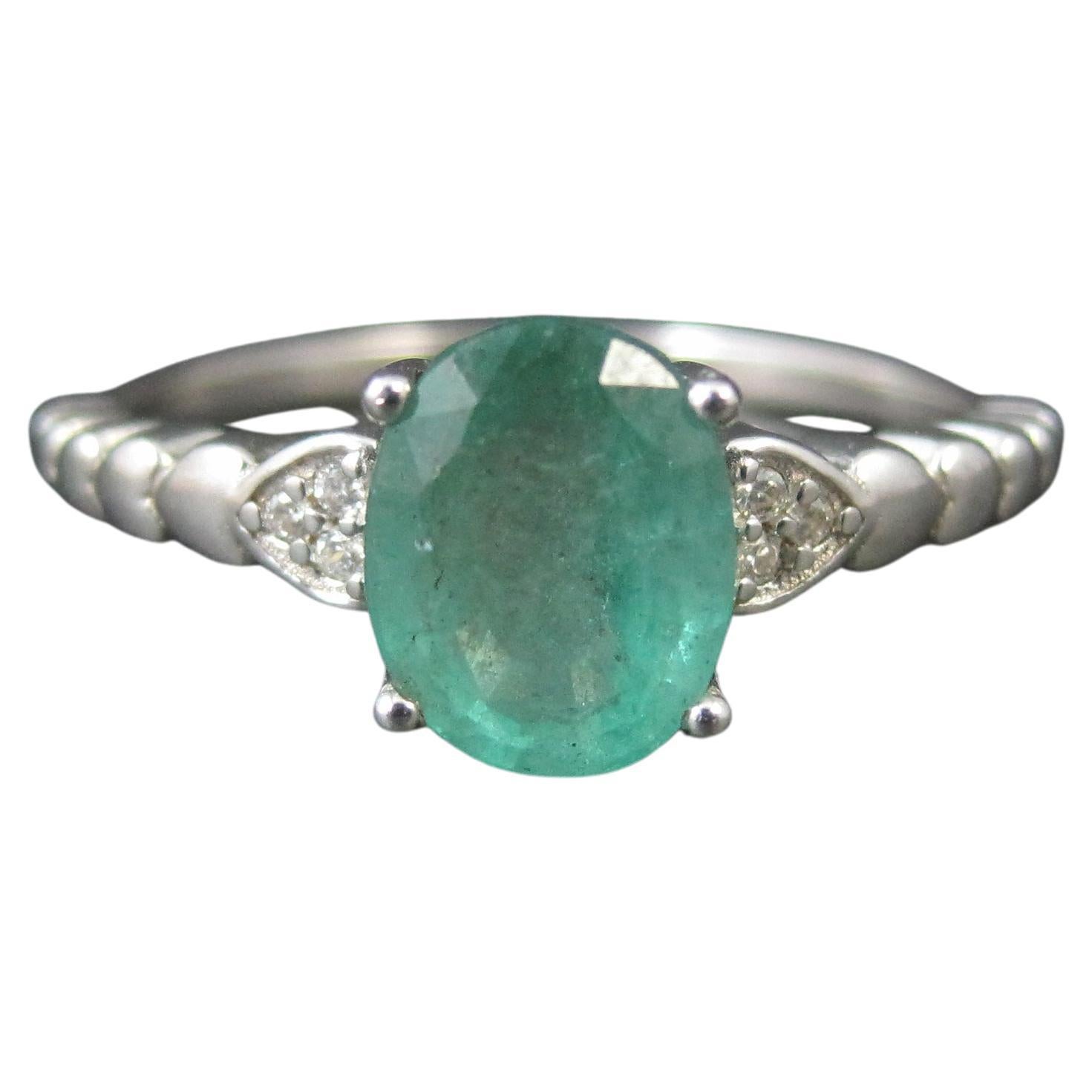 Emerald and White Zircon Heart Ring Sterling Silver Size 8