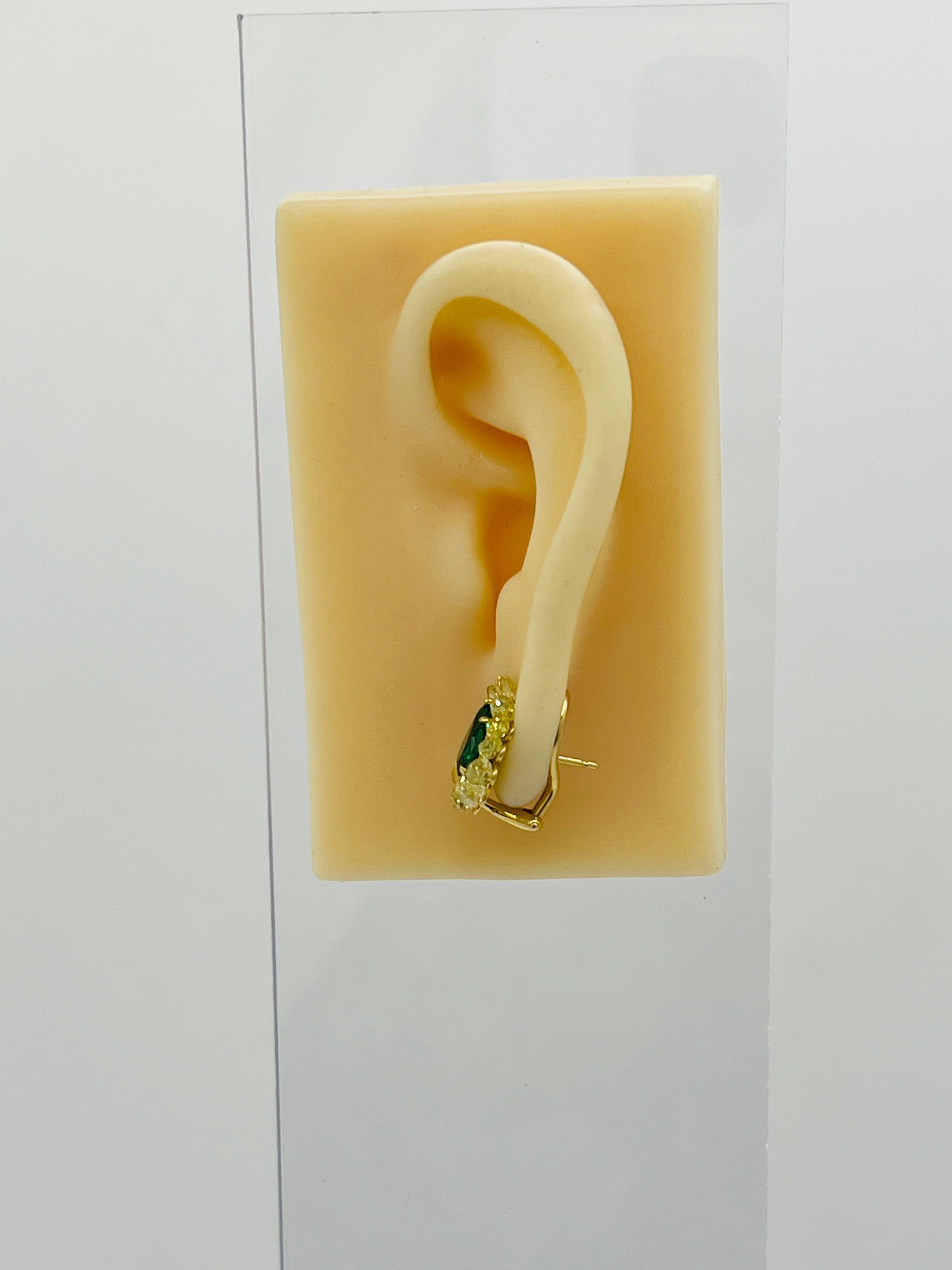 Briolette Cut Emerald and Yellow Diamond Briolette Earrings in 18K Yellow Gold For Sale