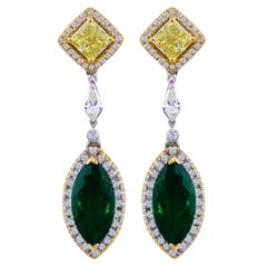 Emerald and Yellow Diamond Earrings Set in 18K