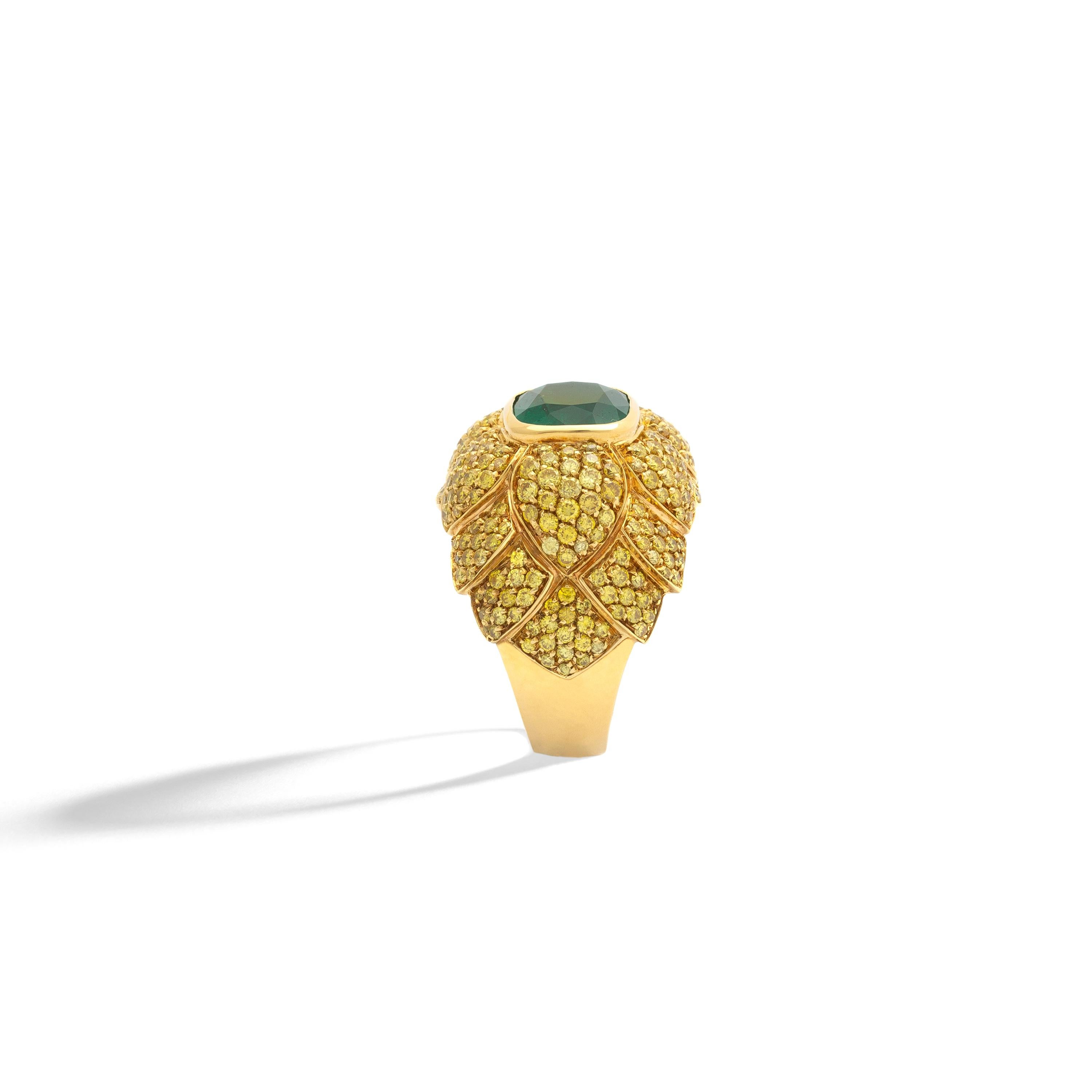 Cushion Cut Emerald and Yellow Diamond Gold Ring For Sale