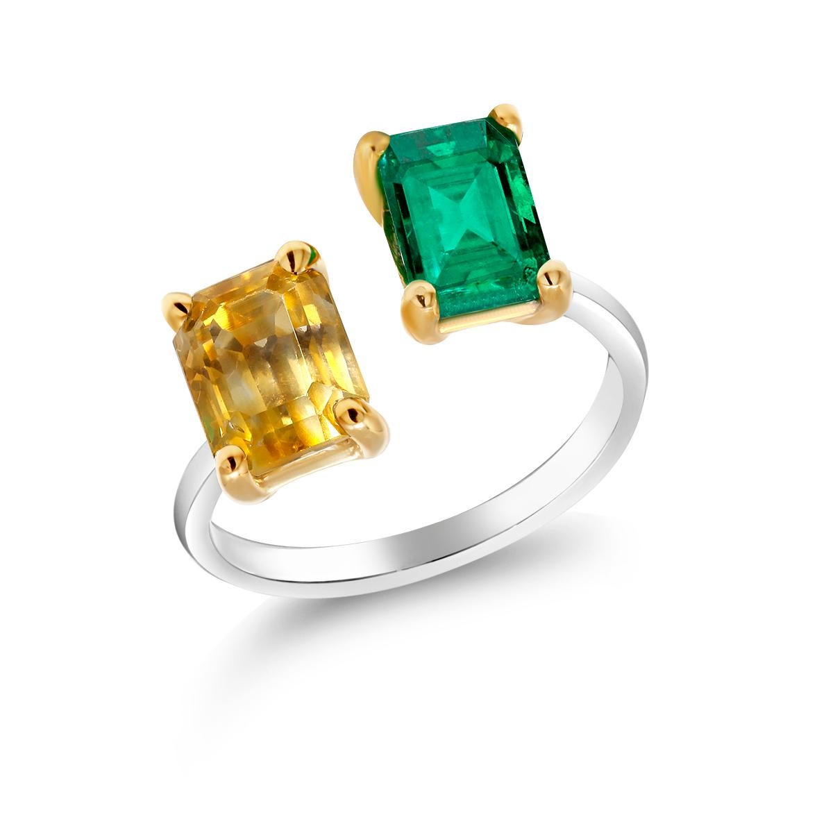 Contemporary Open Band with Facing EC Emerald and EC Yellow Sapphire Cocktail Ring 