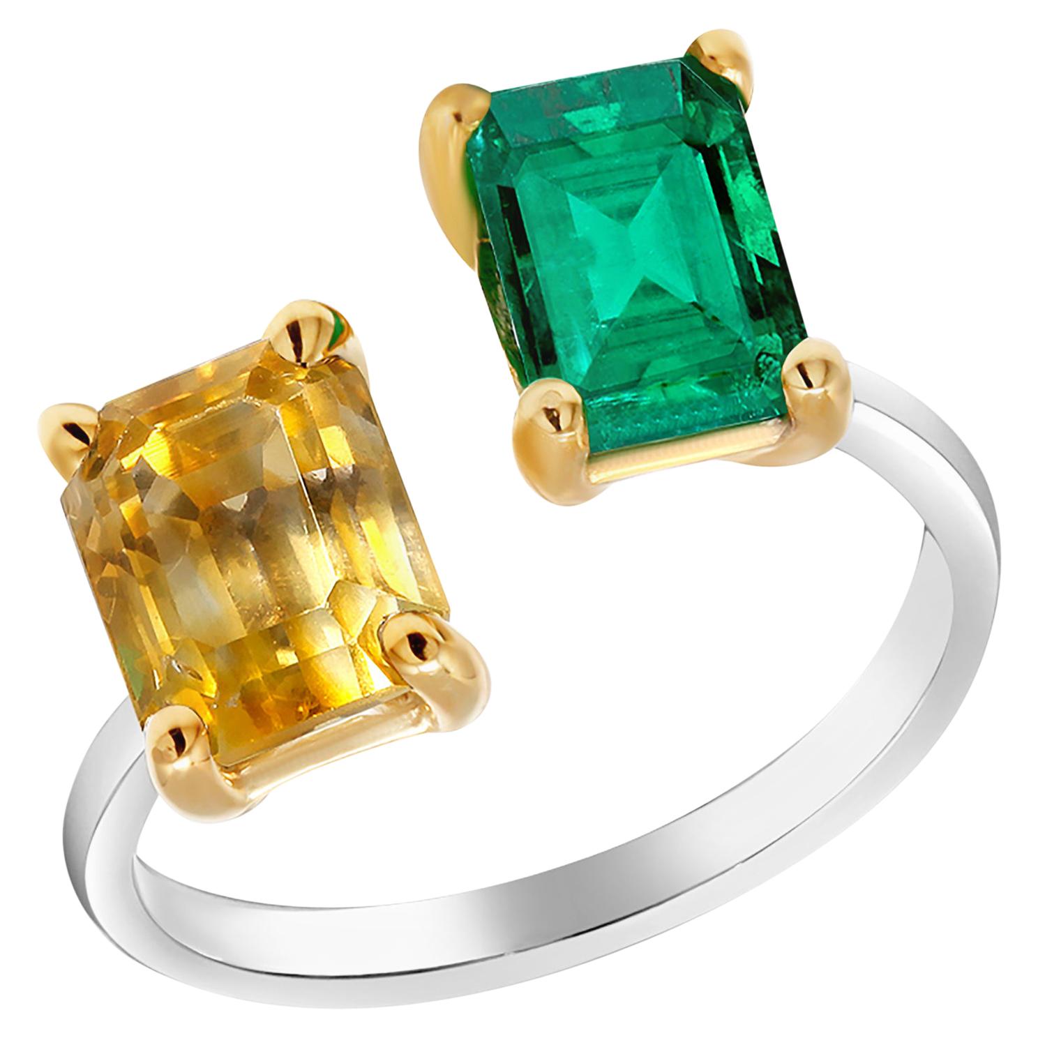 Open Band with Facing EC Emerald and EC Yellow Sapphire Cocktail Ring 