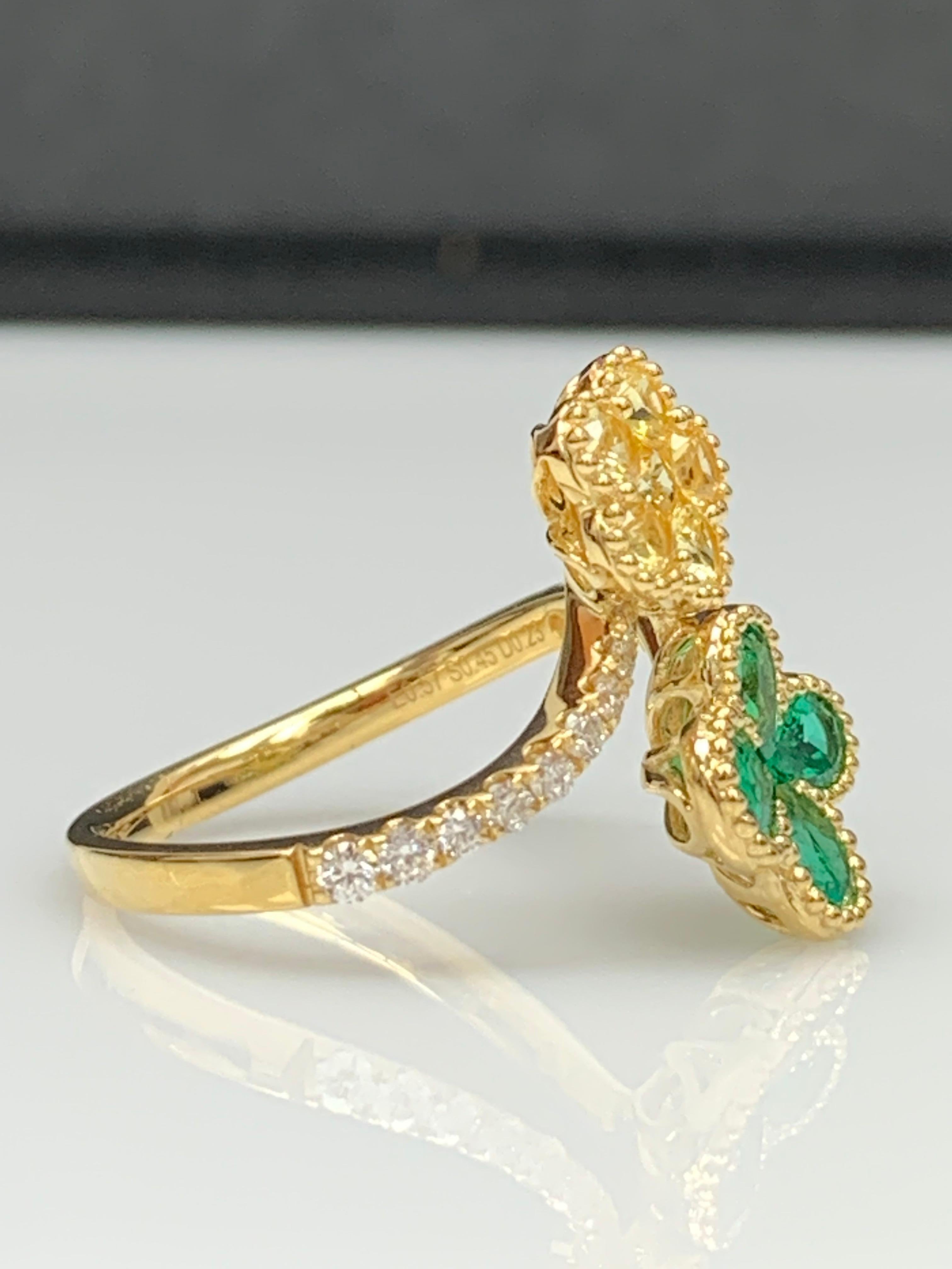Smaragd und gelber Saphir Blume Diamant Ring in 18K Gelbgold im Angebot 10