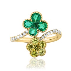 Emerald and Yellow Sapphire Flower Diamond Ring in 18K Yellow Gold