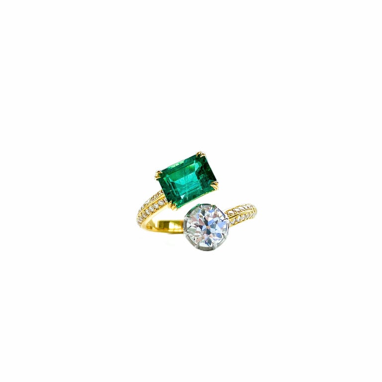 Emerald and Antique Old European Cut Diamond Toi et Moi Ring For Sale ...