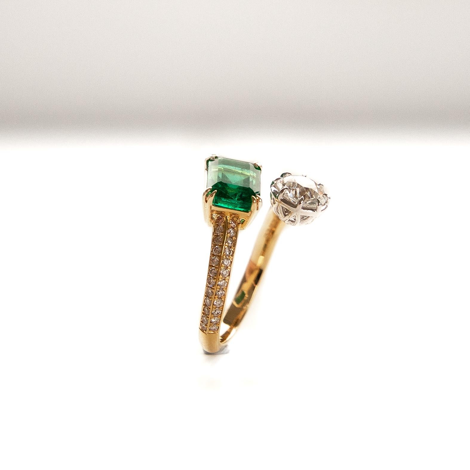 Women's Emerald & Antique Old European Cut Diamond Toi et Moi Ring