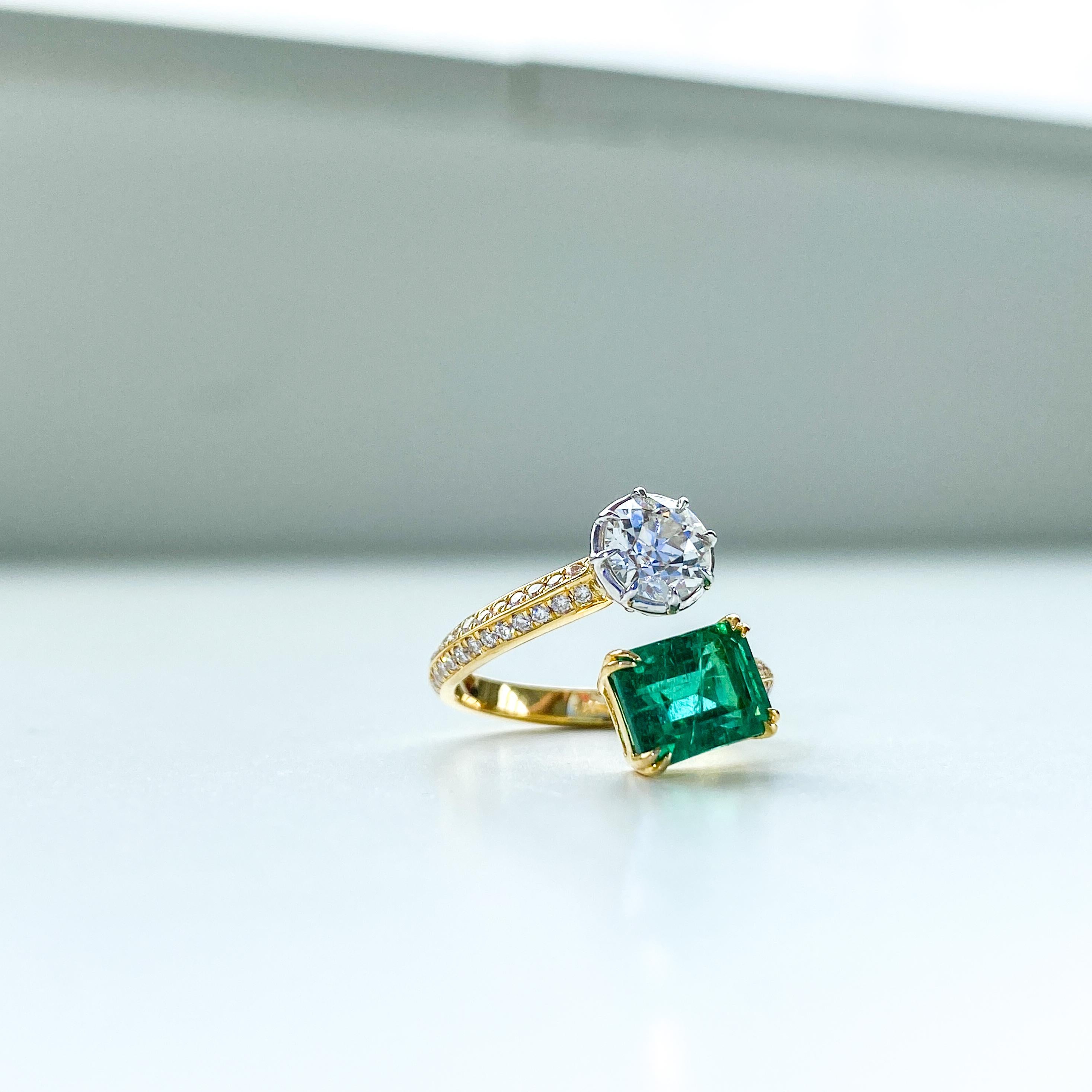 Emerald & Antique Old European Cut Diamond Toi et Moi Ring 2