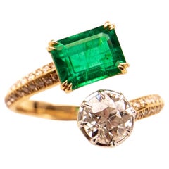 Emerald & Antique Old European Cut Diamond Toi et Moi Ring