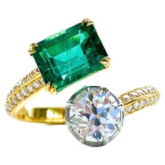 Bague Toi et Moi en émeraude et diamant ancien taille européenne