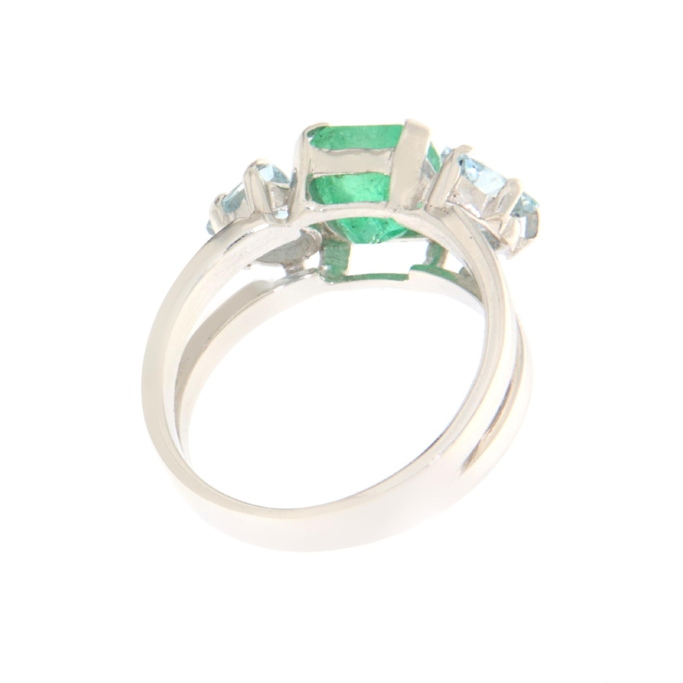 Emerald Cut Emerald Aquamarine 18 Karat White Gold Cocktail Ring For Sale