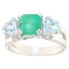 Esmeralda Aguamarina Anillo Cóctel Oro Blanco 18 Kilates