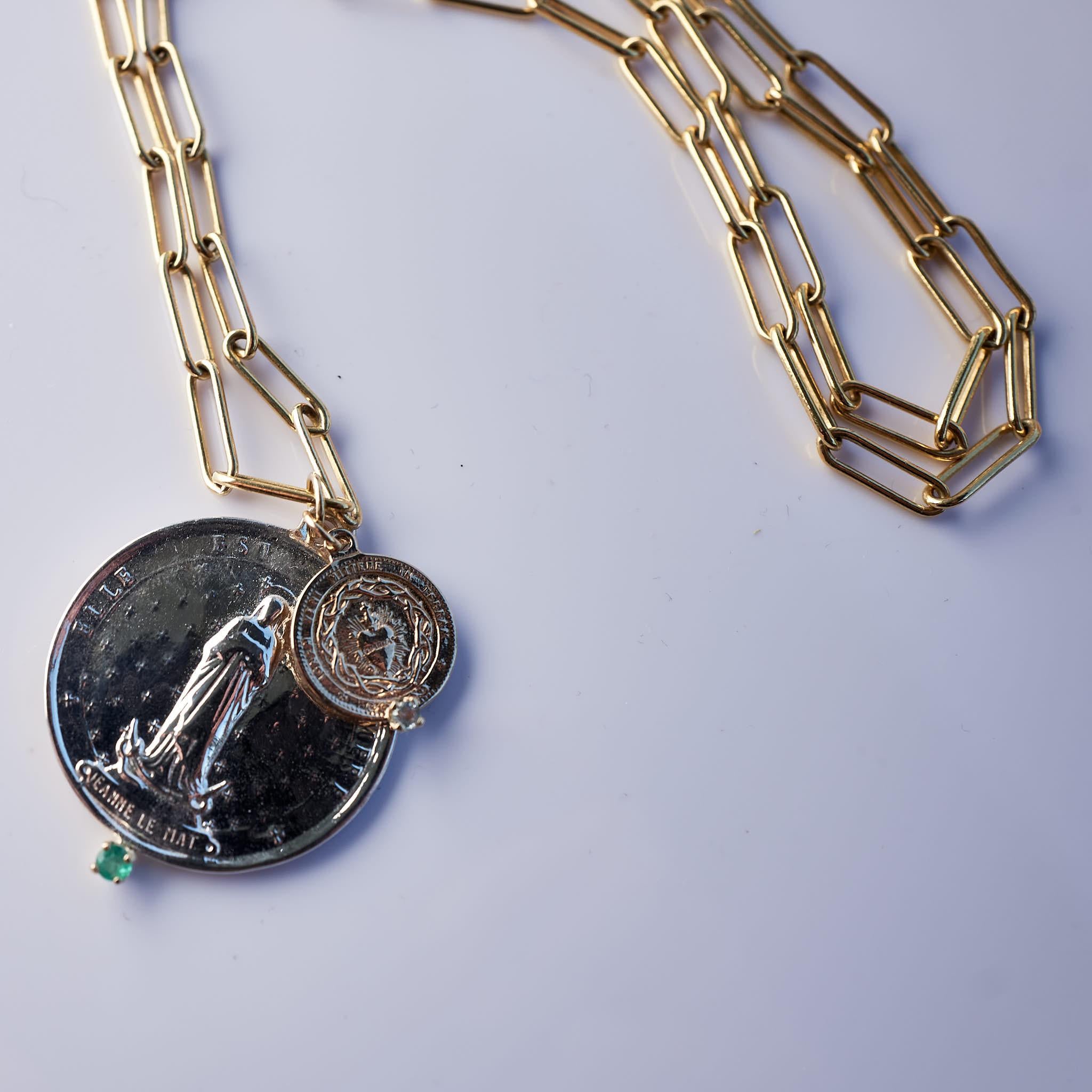 Smaragd Aquamarin Chunky Kette Halskette Medaillon Anhänger Jungfrau Mary J Dauphin im Angebot 5
