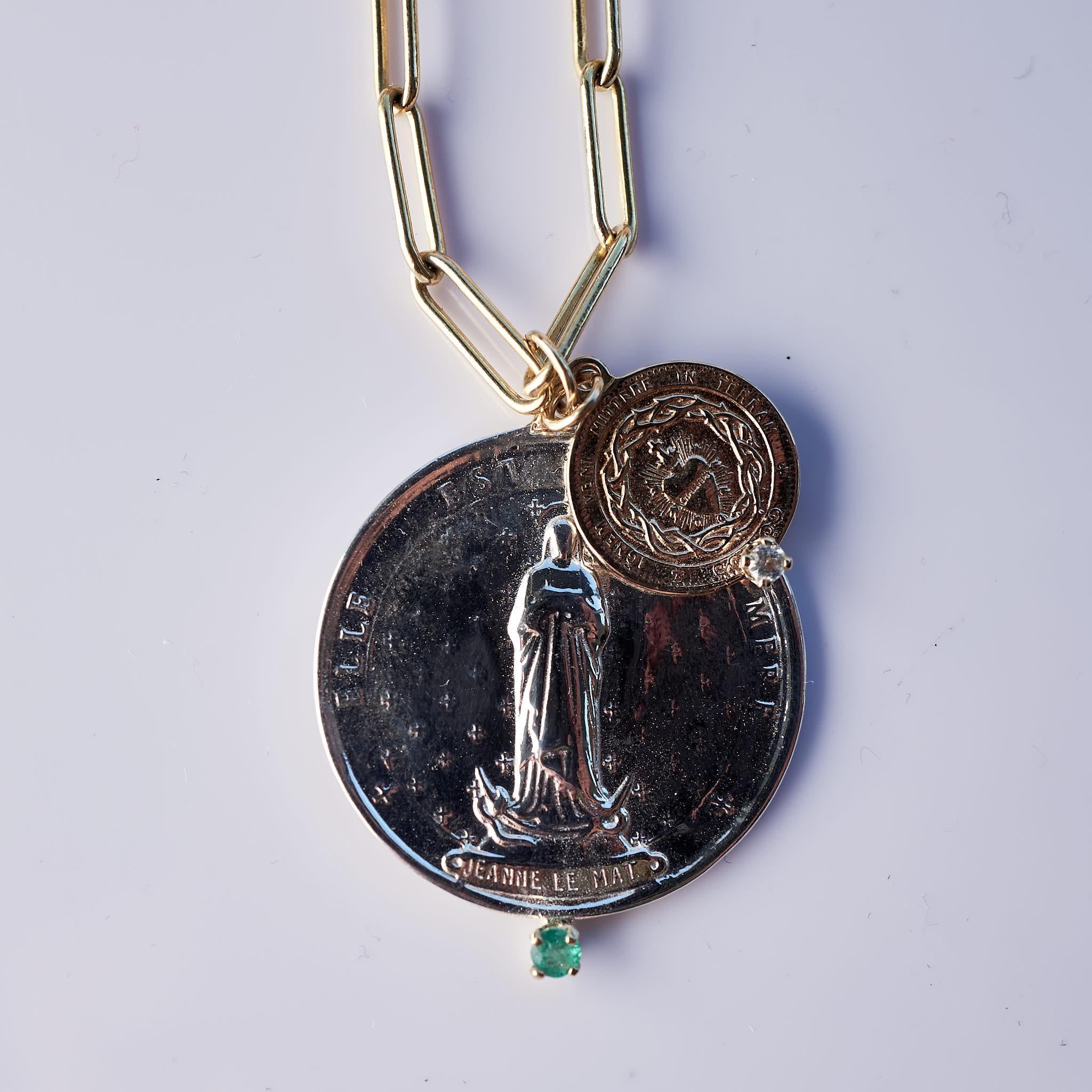 Smaragd Aquamarin Chunky Kette Halskette Medaillon Anhänger Jungfrau Mary J Dauphin (Brillantschliff) im Angebot