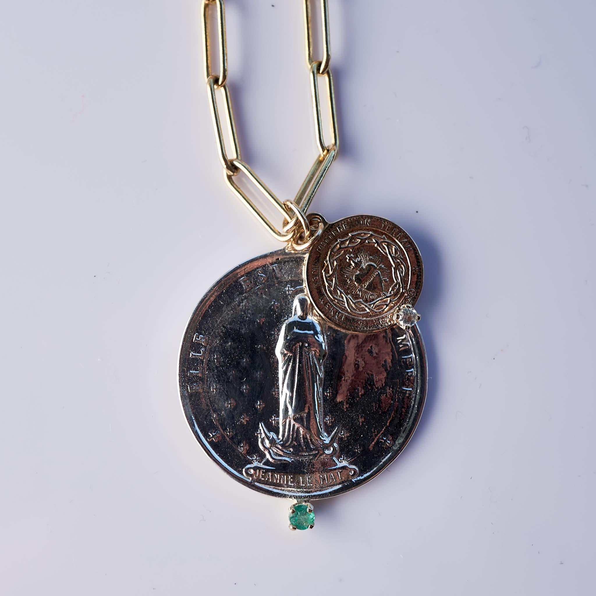 Victorian Emerald Aquamarine Chunky Chain Necklace Medal Pendant Virgin Mary J Dauphin For Sale