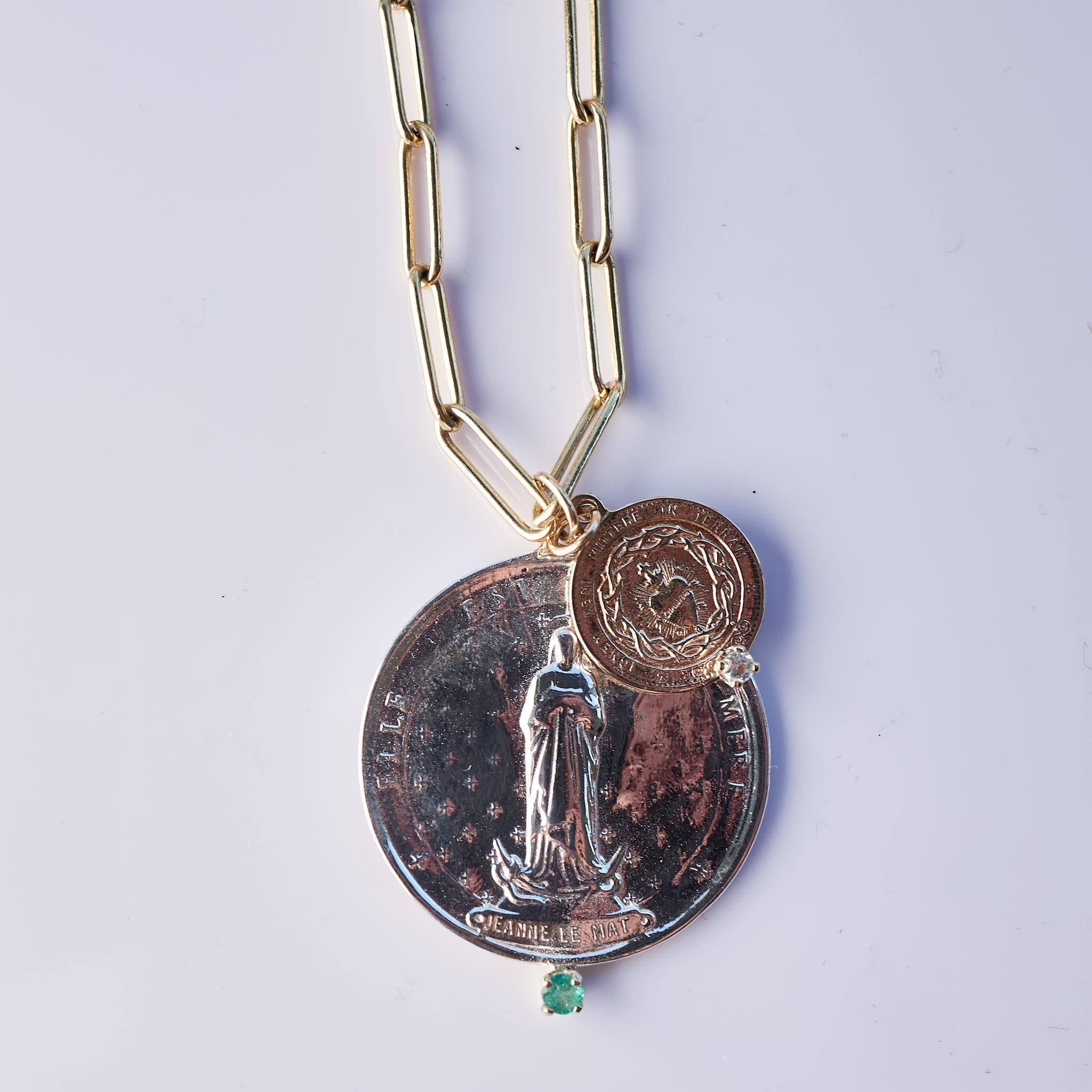 Smaragd Aquamarin Chunky Kette Halskette Medaillon Anhänger Jungfrau Mary J Dauphin Damen im Angebot