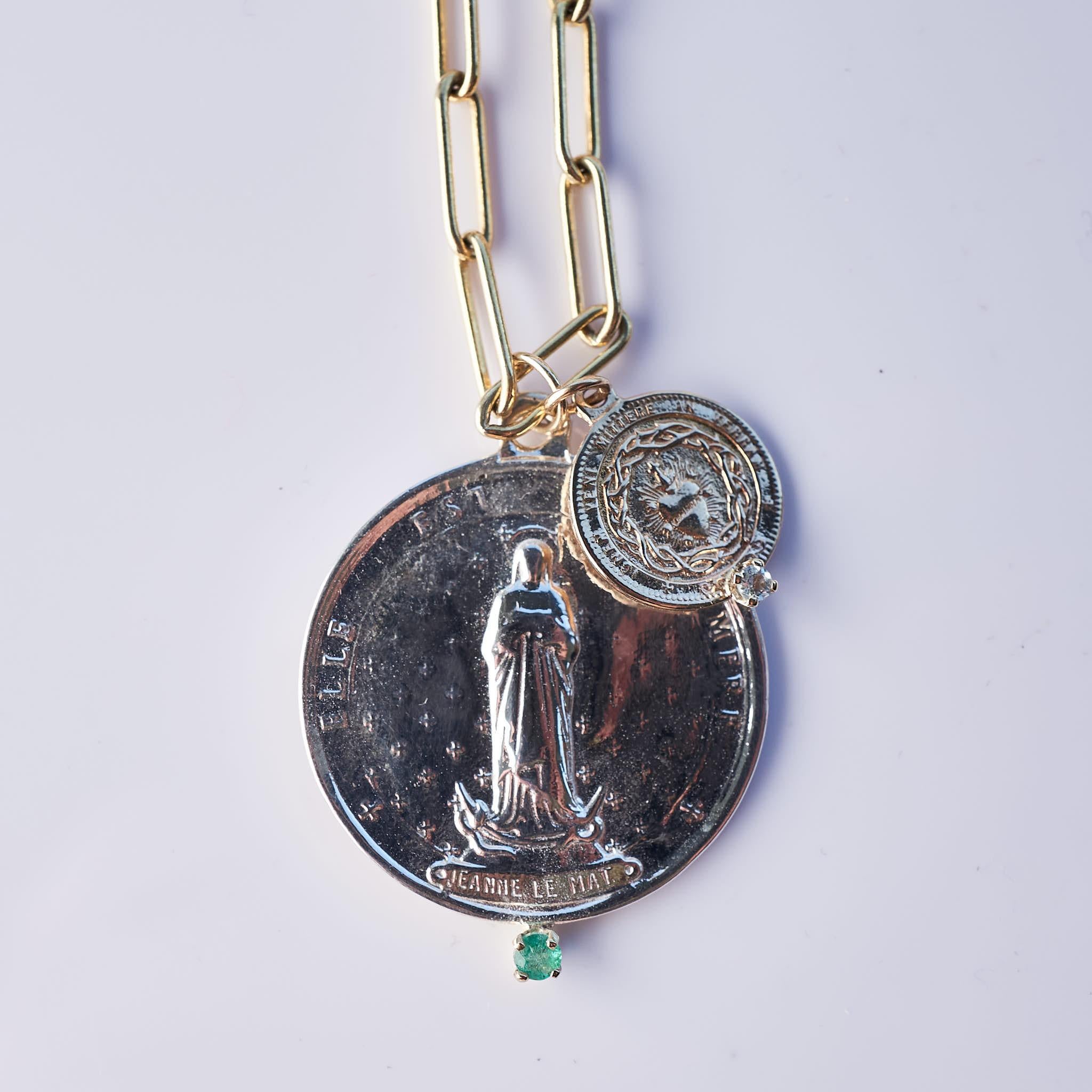 Emerald Aquamarine Chunky Chain Necklace Medal Pendant Virgin Mary J Dauphin In New Condition For Sale In Los Angeles, CA