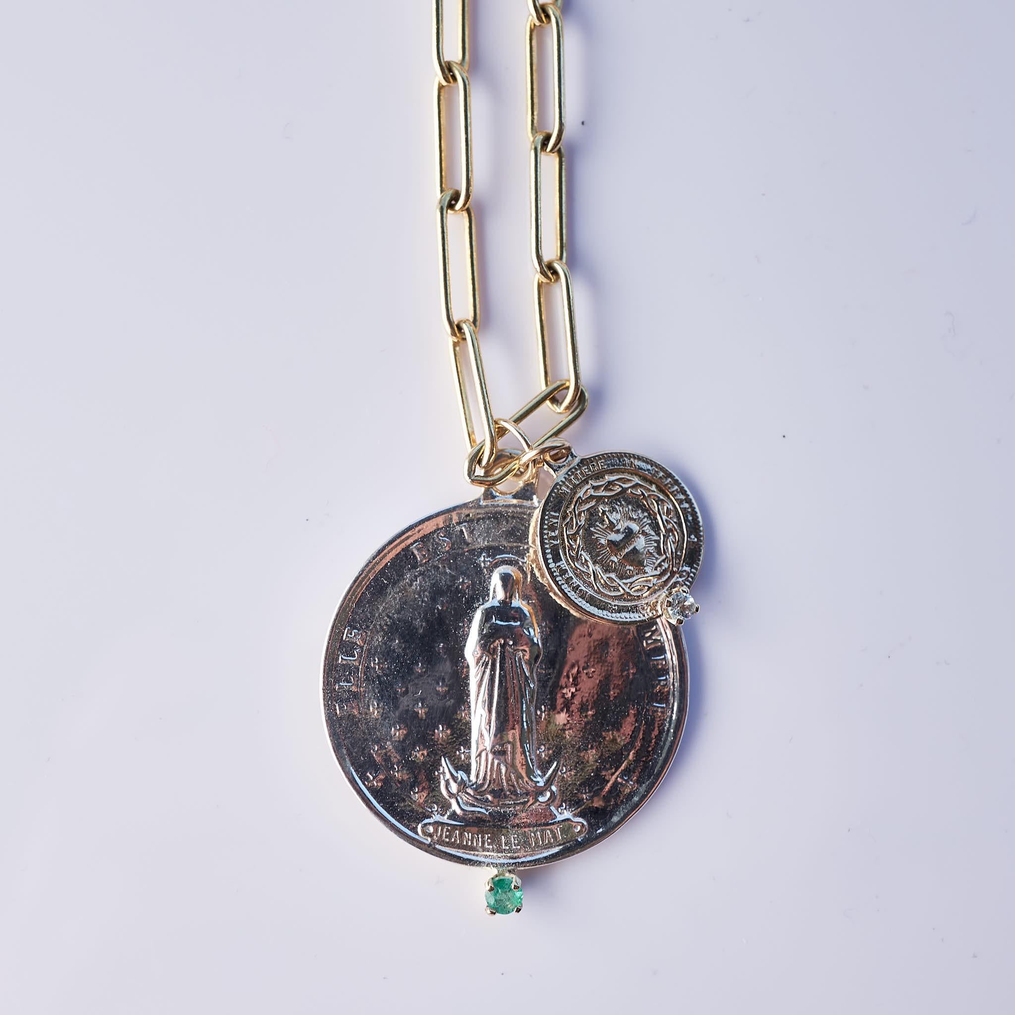 Women's Emerald Aquamarine Chunky Chain Necklace Medal Pendant Virgin Mary J Dauphin For Sale