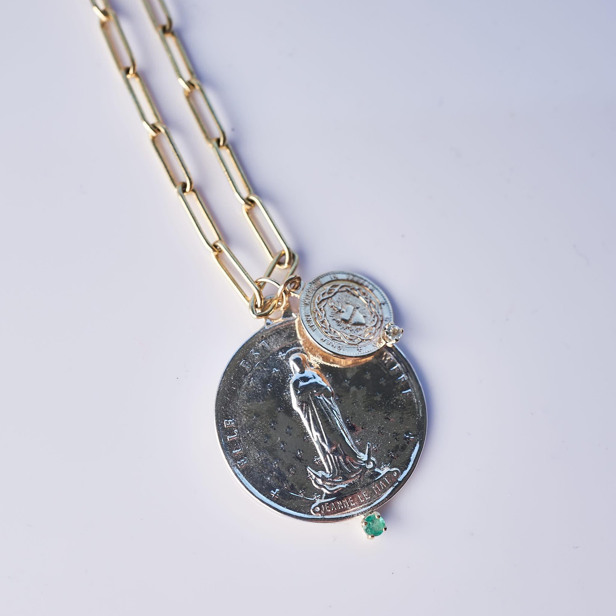 Smaragd Aquamarin Chunky Kette Halskette Medaillon Anhänger Jungfrau Mary J Dauphin im Angebot 3