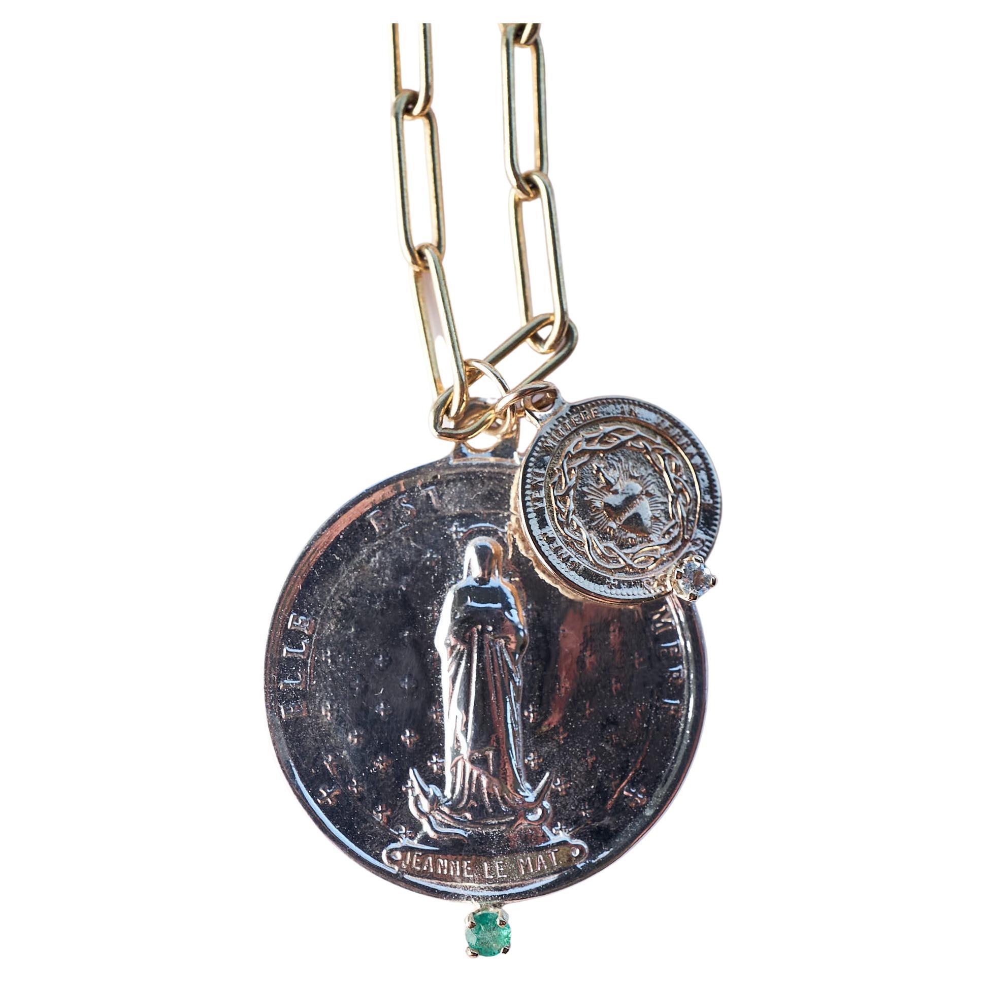 Emerald Aquamarine Chunky Chain Necklace Medal Pendant Virgin Mary J Dauphin For Sale