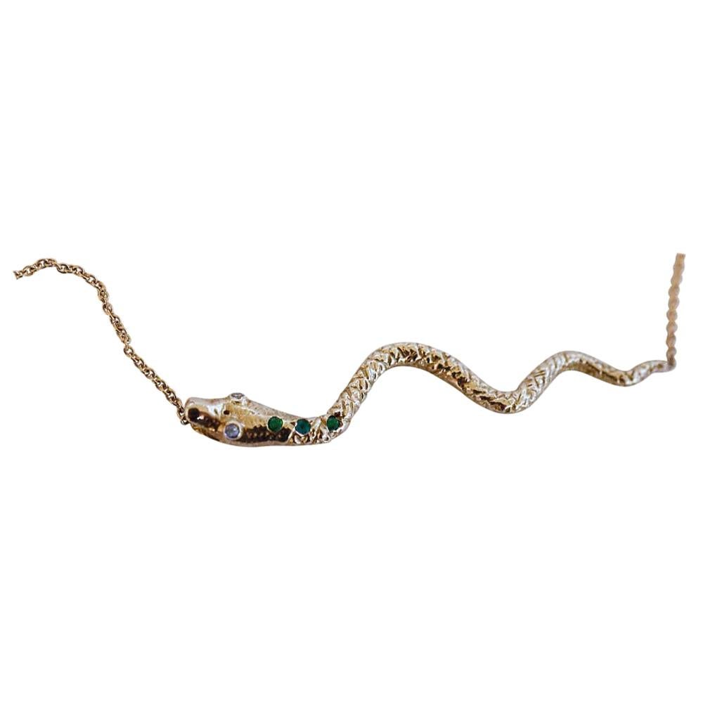 J Dauphin Collier pendentif serpent avec chaîne ras du cou en émeraude, aigue-marine et bronze animal en vente