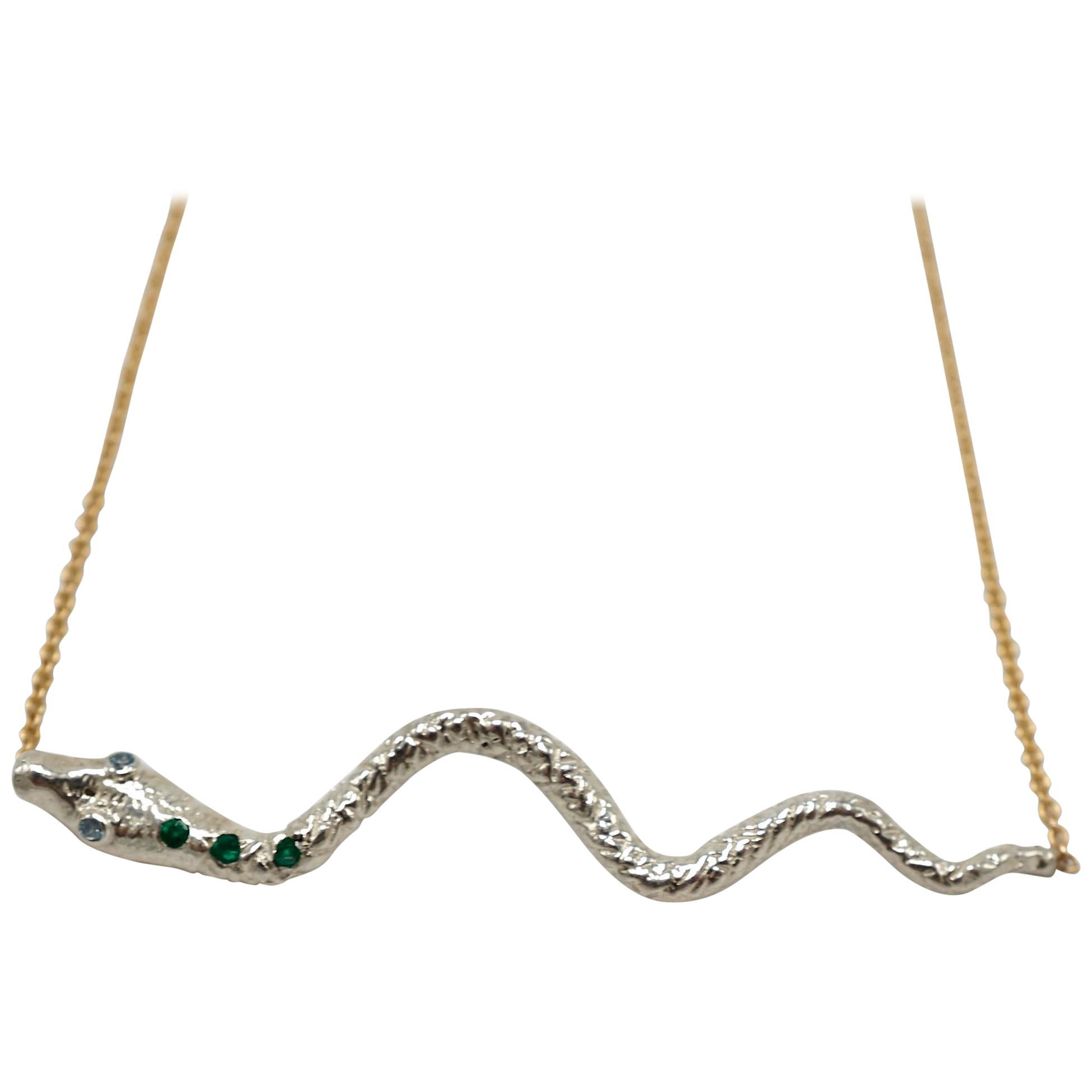 Emerald Aquamarine Snake Necklace Sterling Silver Choker Chain Link Gold Filled 16