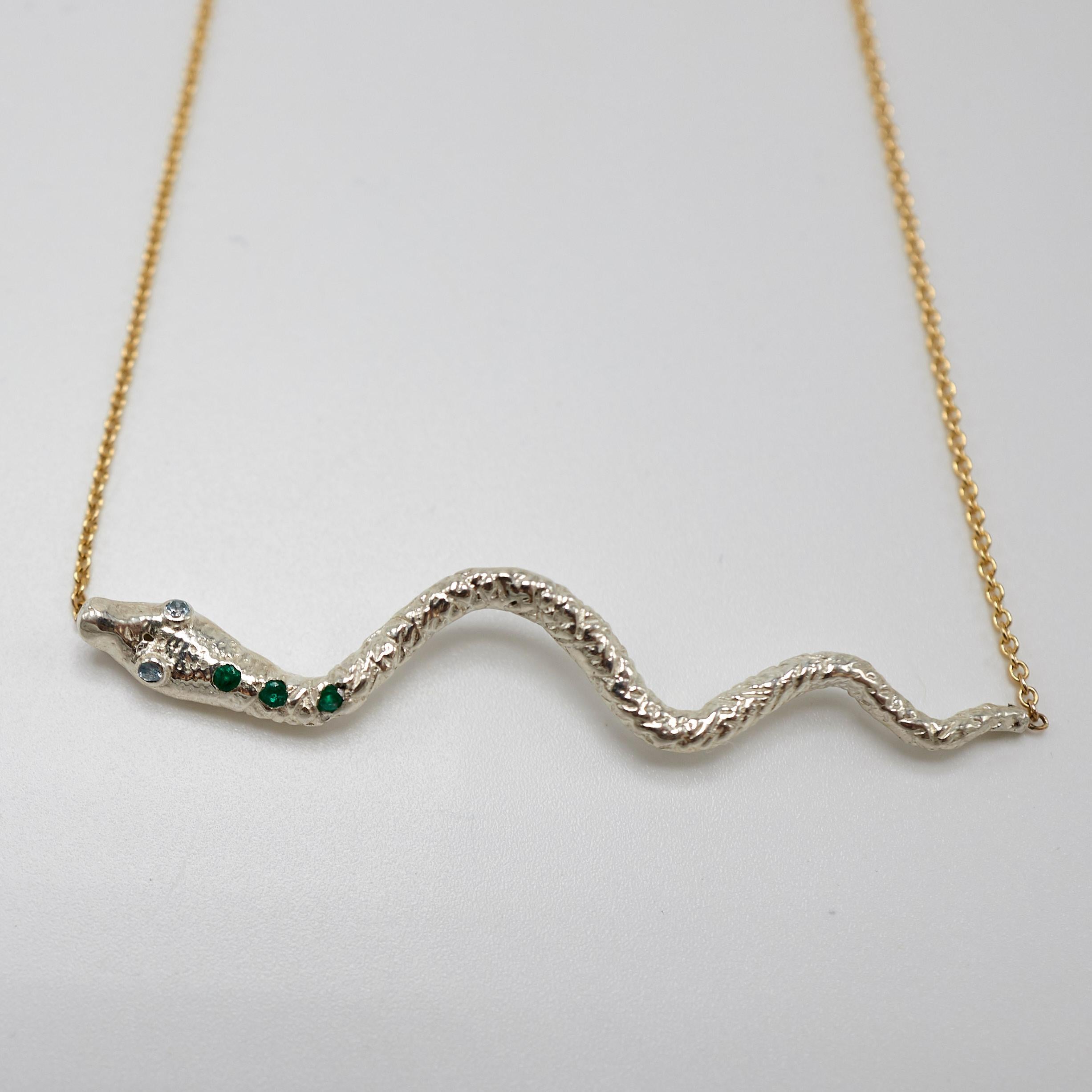 Contemporary Snake Necklace Choker Chain Emerald Aquamarine Pendant J Dauphin For Sale