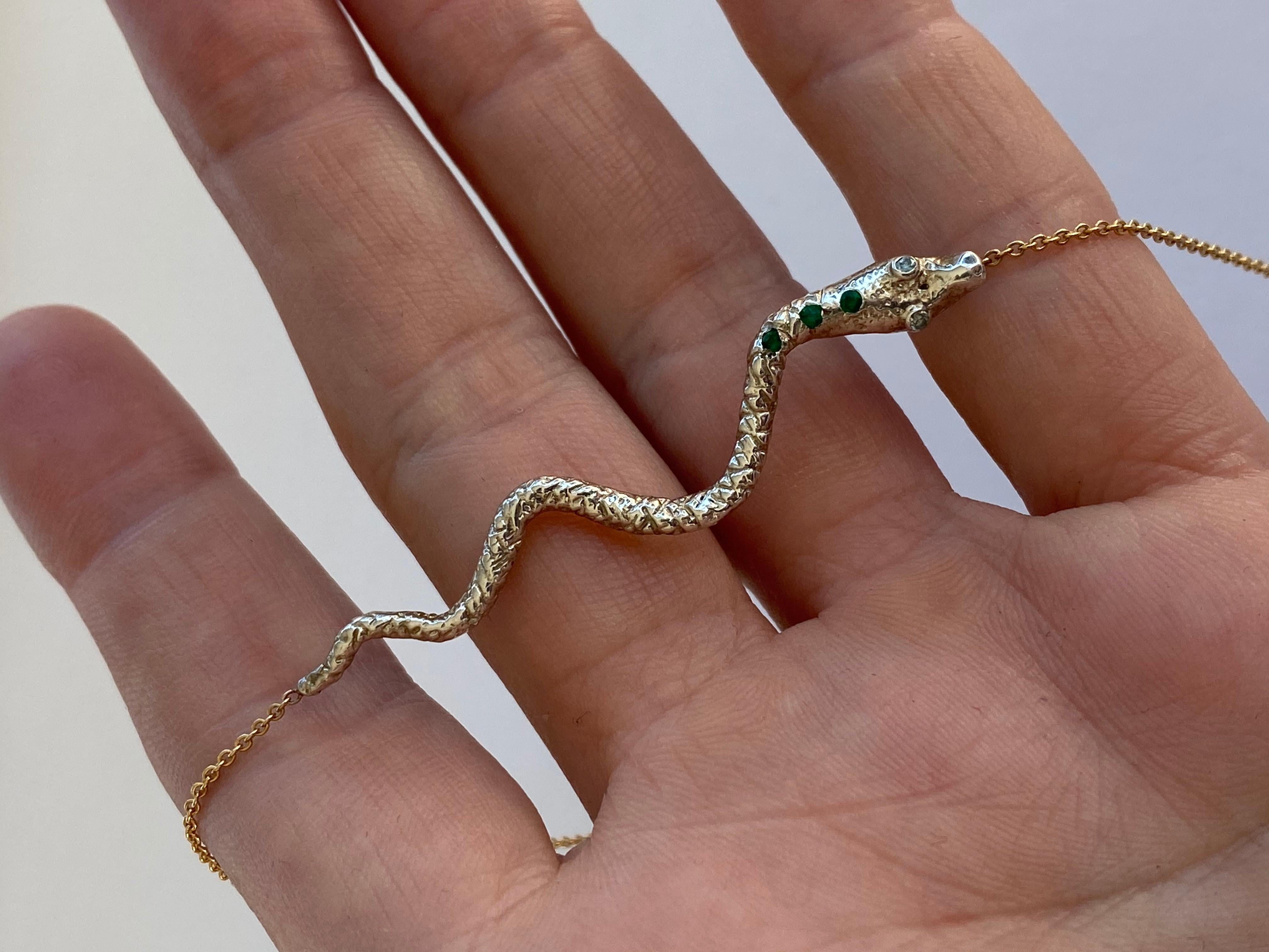 Contemporary Emerald Aquamarine Snake Necklace Choker Chain Sterling Silver Animal J Dauphin For Sale