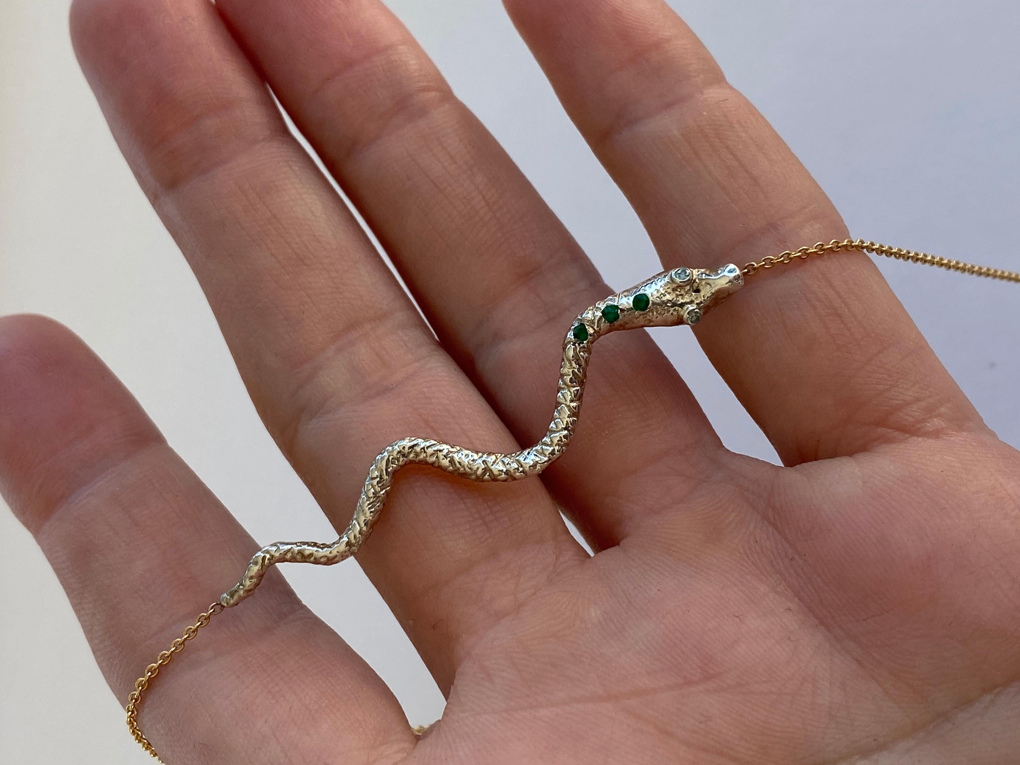 Brilliant Cut Emerald Aquamarine Snake Necklace Choker Chain Sterling Silver Animal J Dauphin For Sale