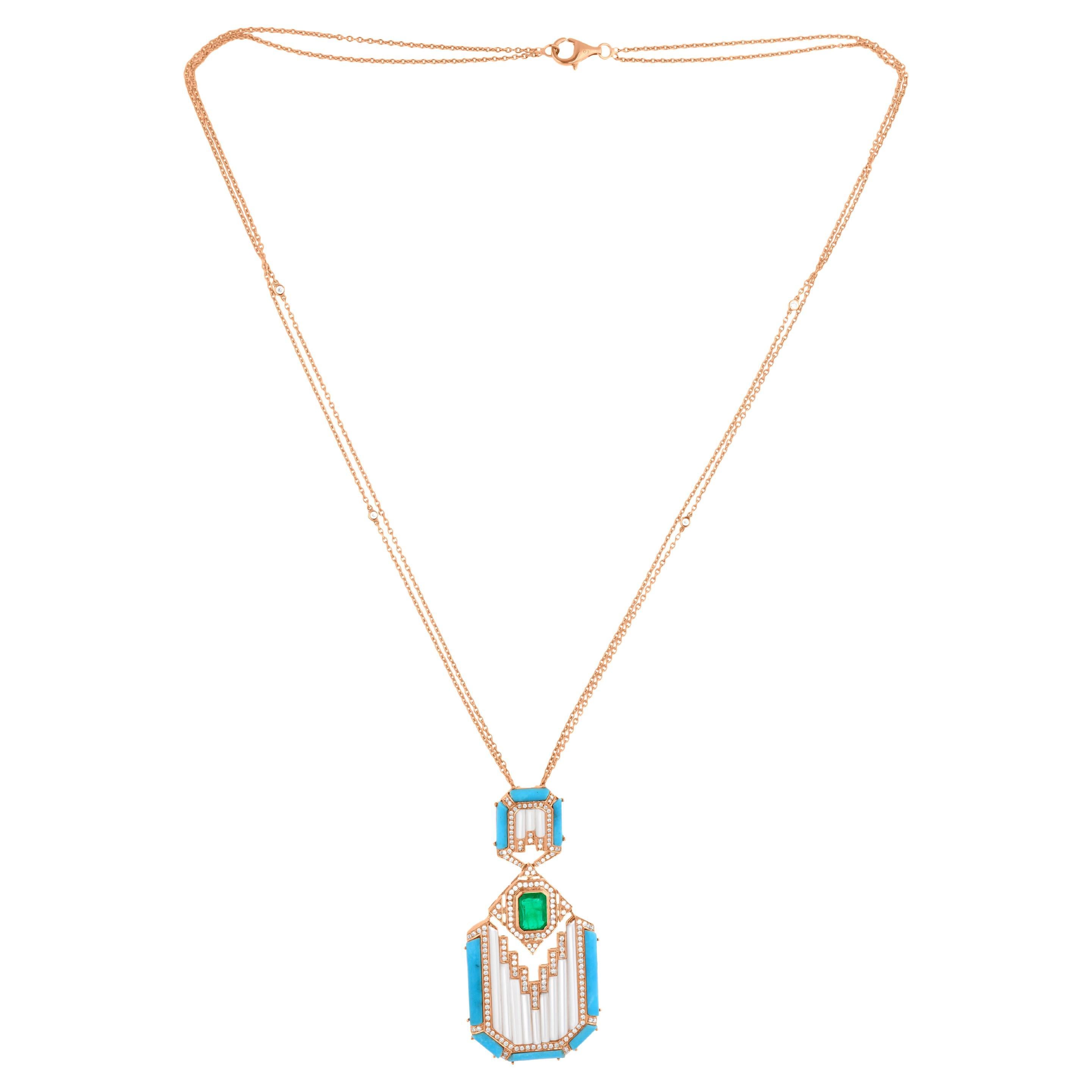 Collier pendentif MOP en or jaune 14 carats avec émeraude d'Arizona et turquoise SI/H et diamants
