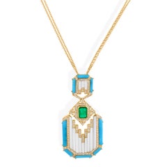 Smaragd Arizona Türkis MOP Anhänger Halskette SI/H Diamant 18k Gelbgold