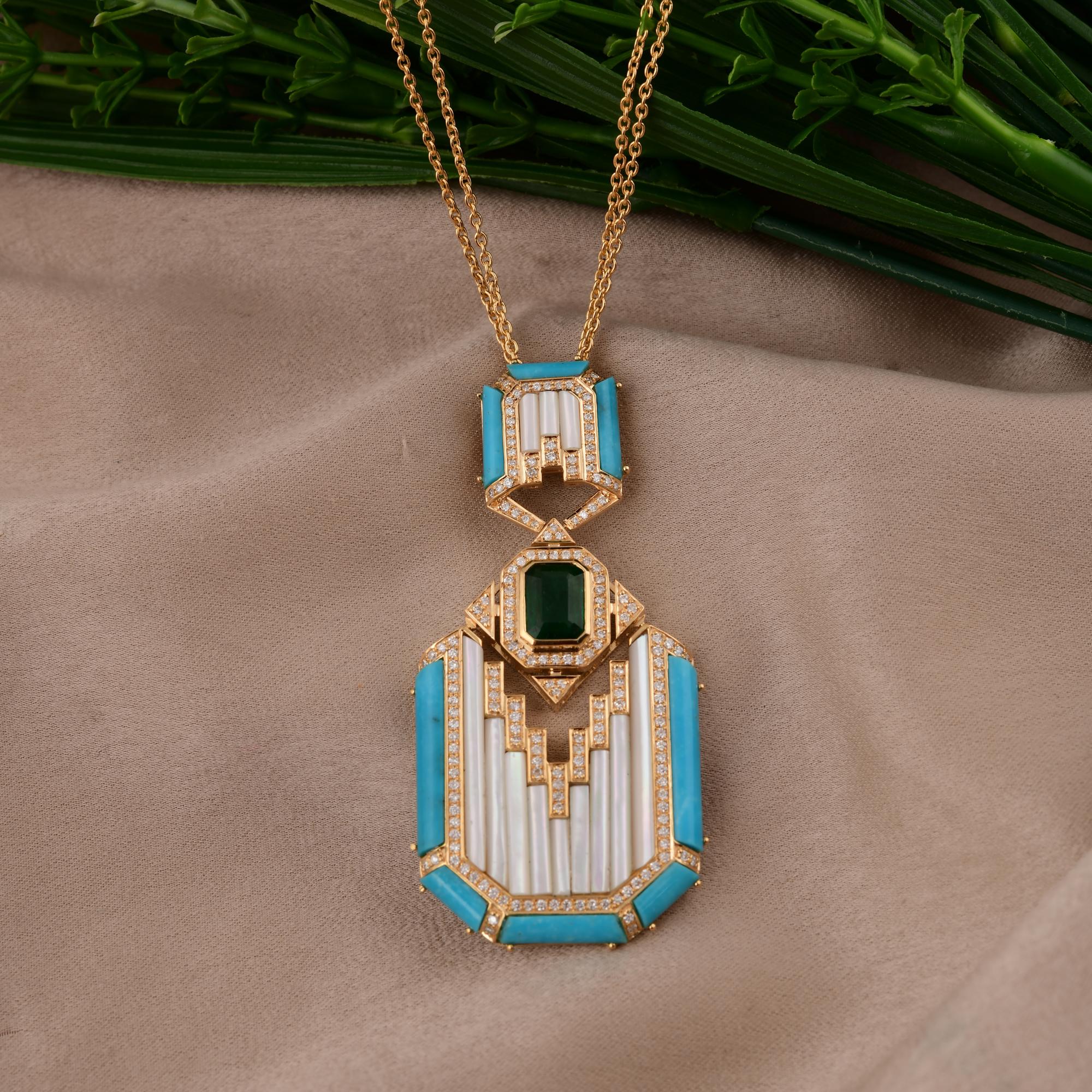 Moderne Collier pendentif MOP en or jaune 18 carats avec émeraude d'Arizona et turquoise SI/H et diamants en vente
