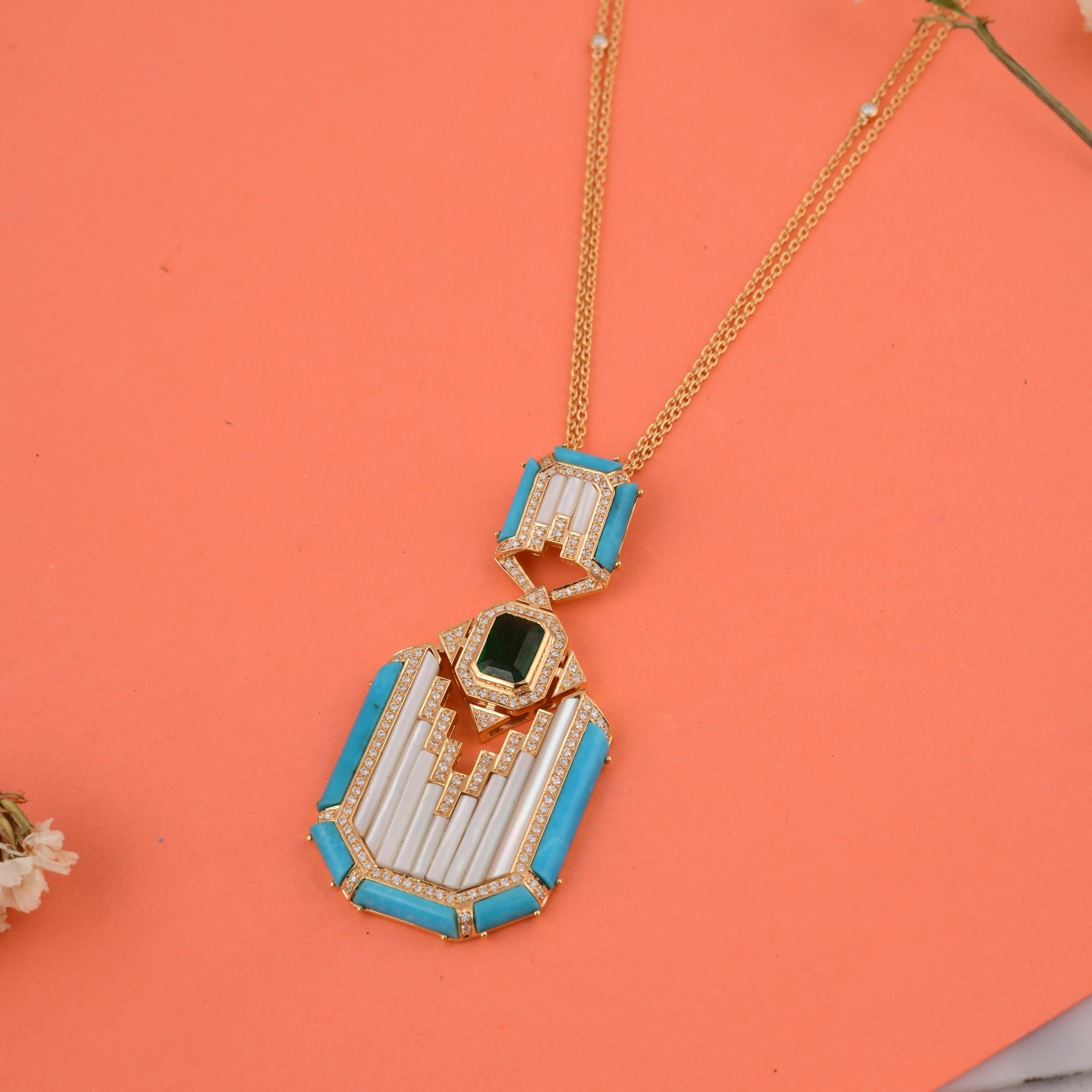 Collier pendentif MOP en or jaune 18 carats avec émeraude d'Arizona et turquoise SI/H et diamants Neuf - En vente à Diera, Dubai
