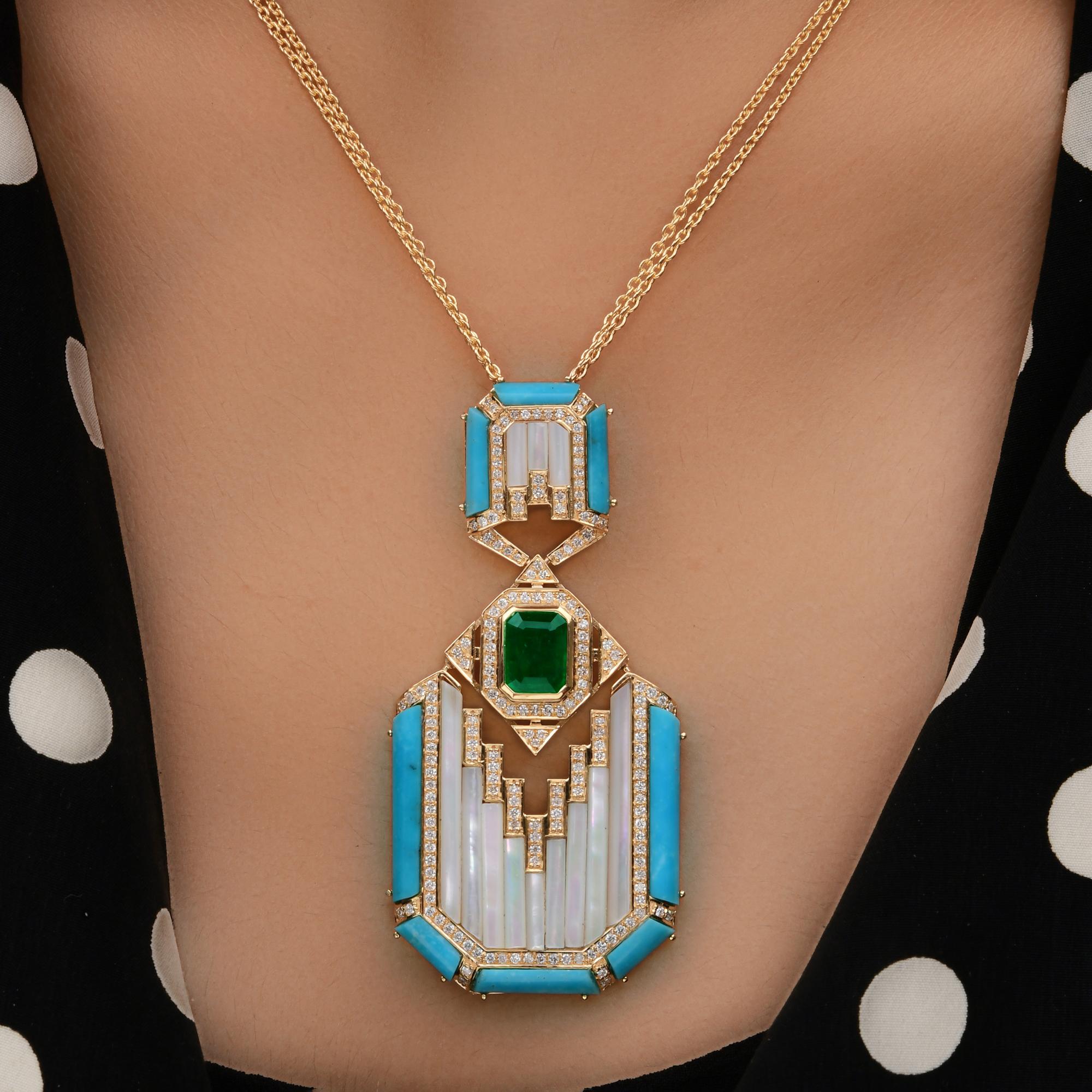 Collier pendentif MOP en or jaune 18 carats avec émeraude d'Arizona et turquoise SI/H et diamants Pour femmes en vente