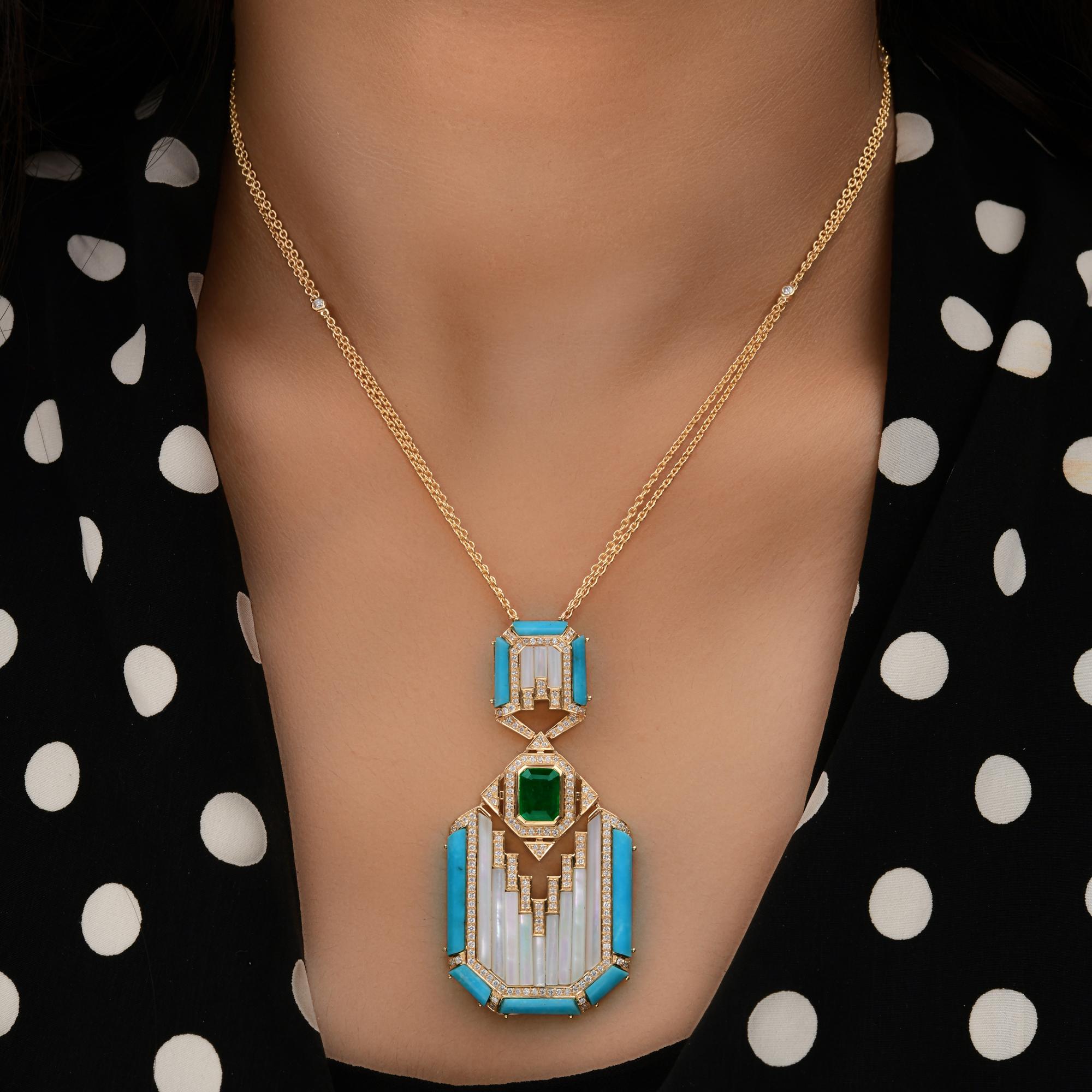 Collier pendentif MOP en or jaune 18 carats avec émeraude d'Arizona et turquoise SI/H et diamants en vente 1
