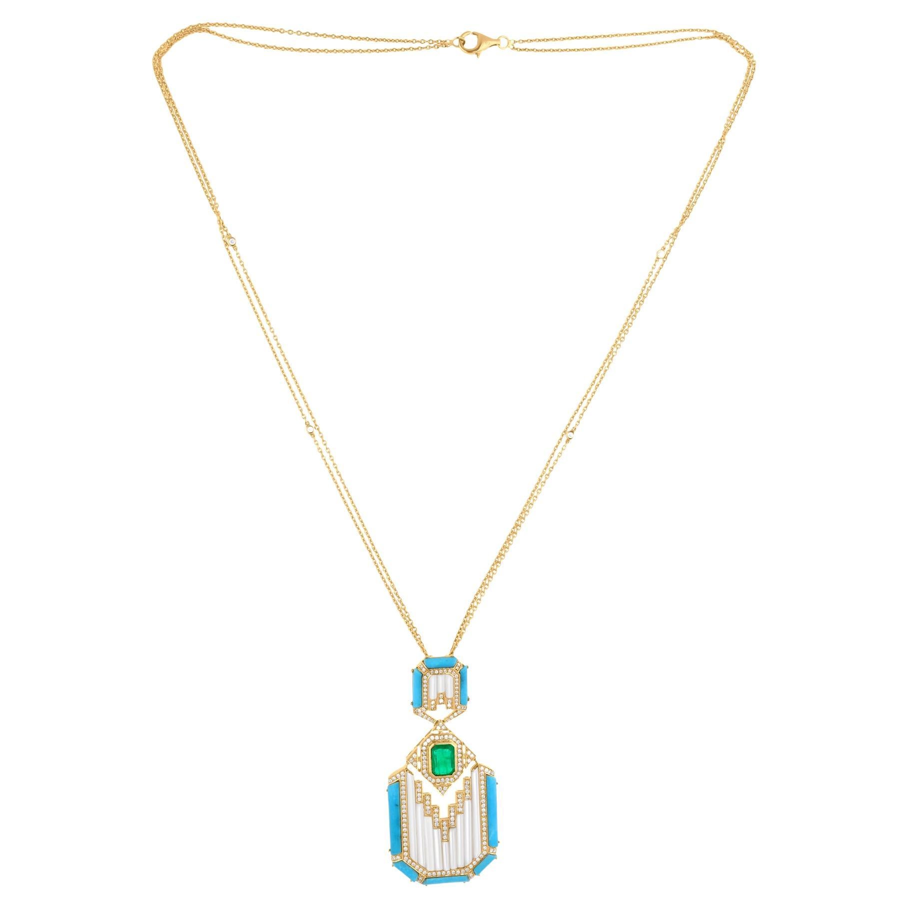 Esmeralda Arizona Turquesa MOP Collar Colgante SI/H Diamante Oro Amarillo 18k