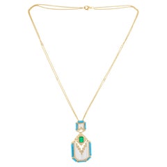 Smaragd Arizona Türkis MOP Anhänger Halskette SI/H Diamant 18k Gelbgold