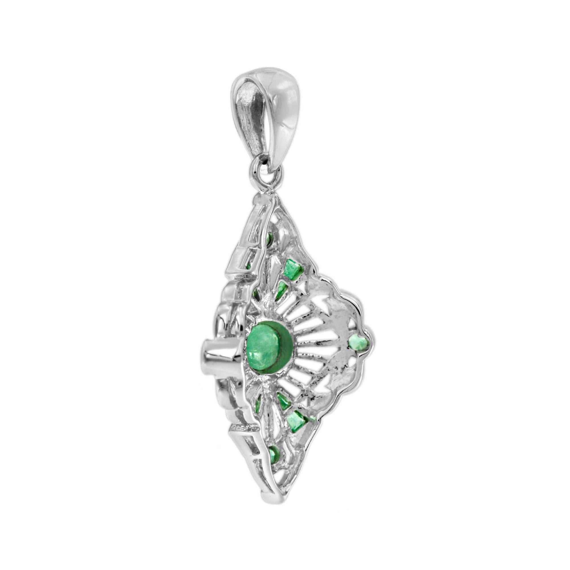 Emerald Art Deco Style Pendant in 14K White Gold In New Condition For Sale In Bangkok, TH