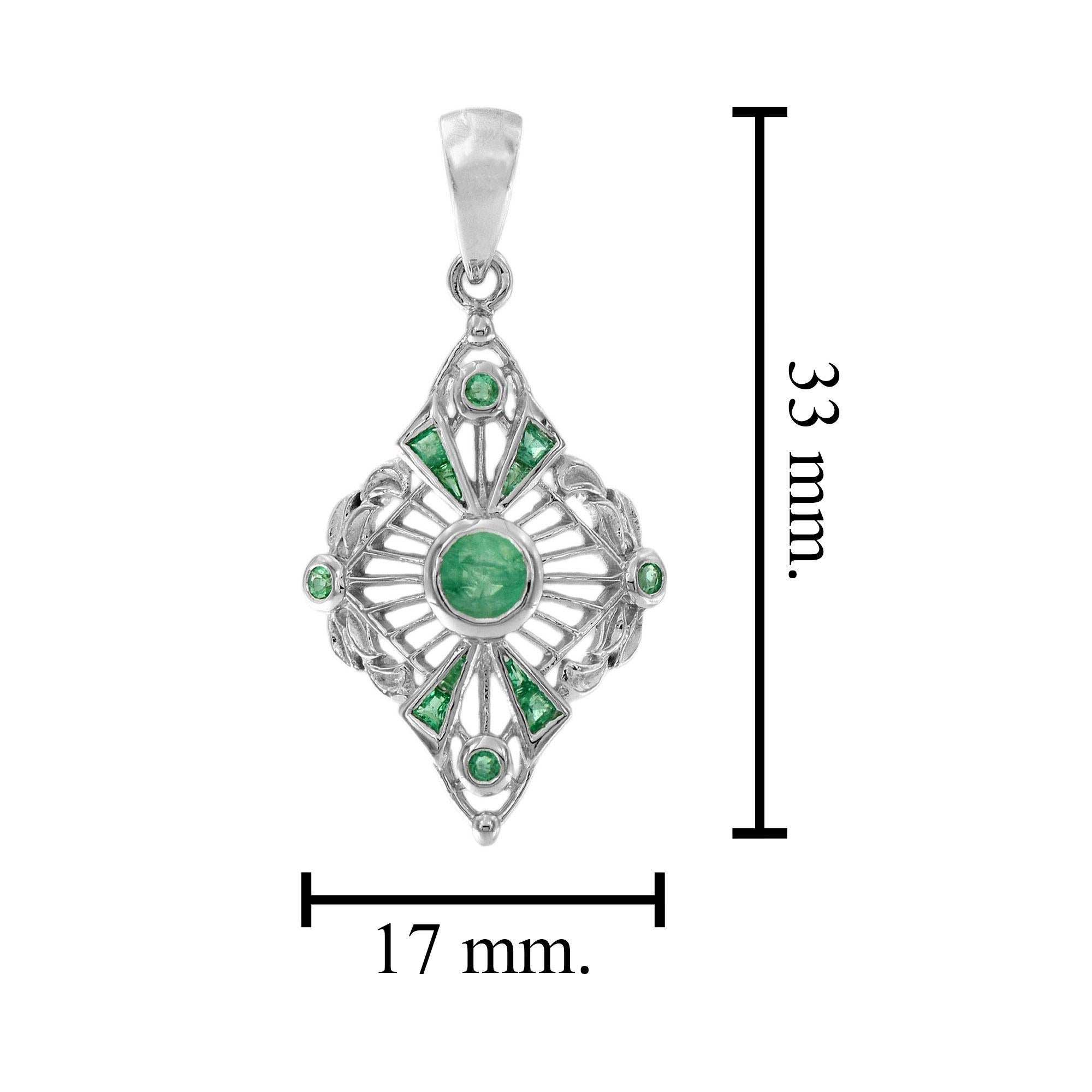 Women's Emerald Art Deco Style Pendant in 14K White Gold For Sale