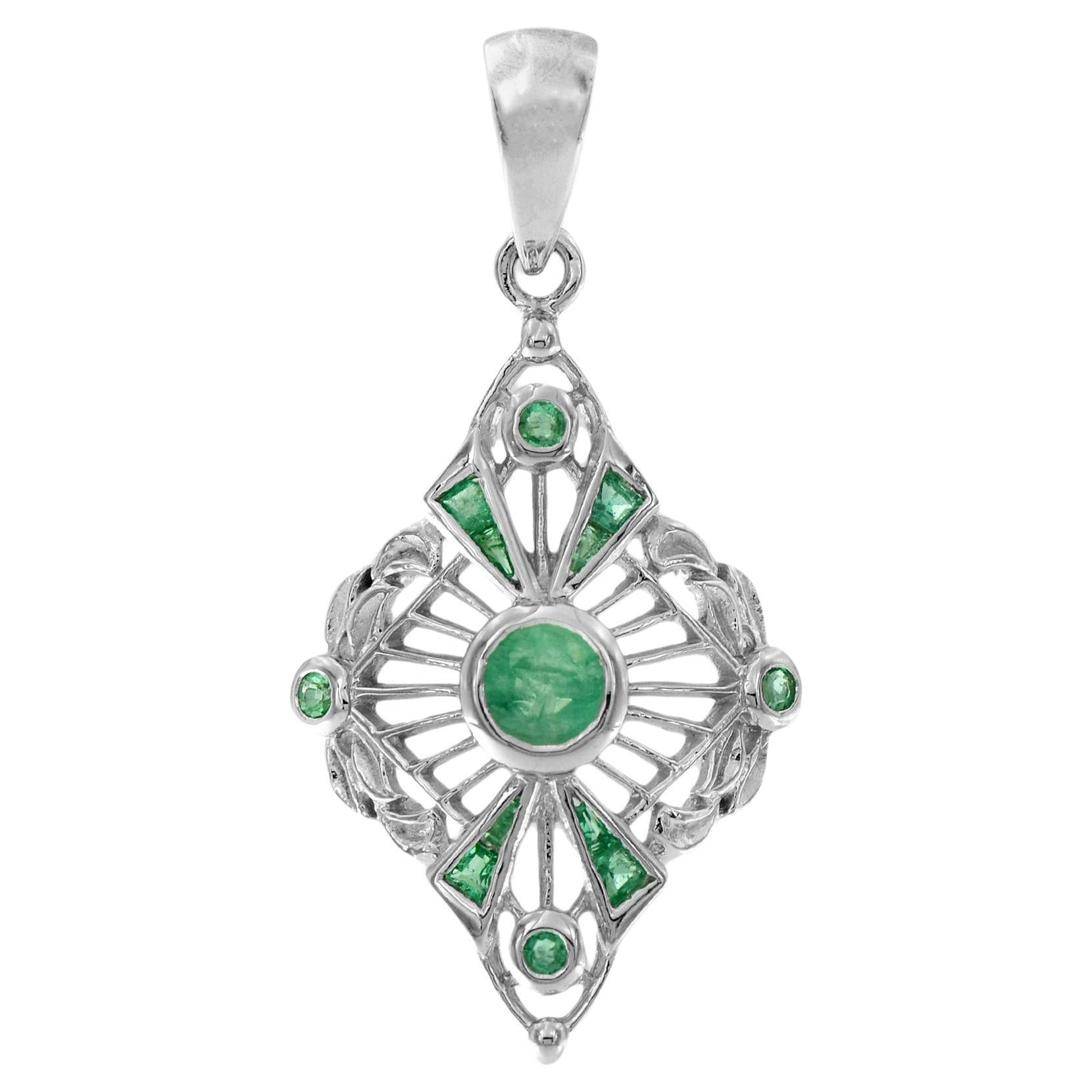 Emerald Art Deco Style Pendant in 14K White Gold