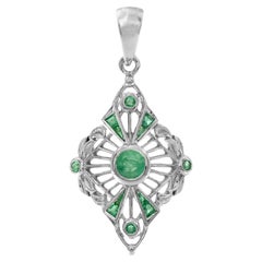 Used Emerald Art Deco Style Pendant in 14K White Gold