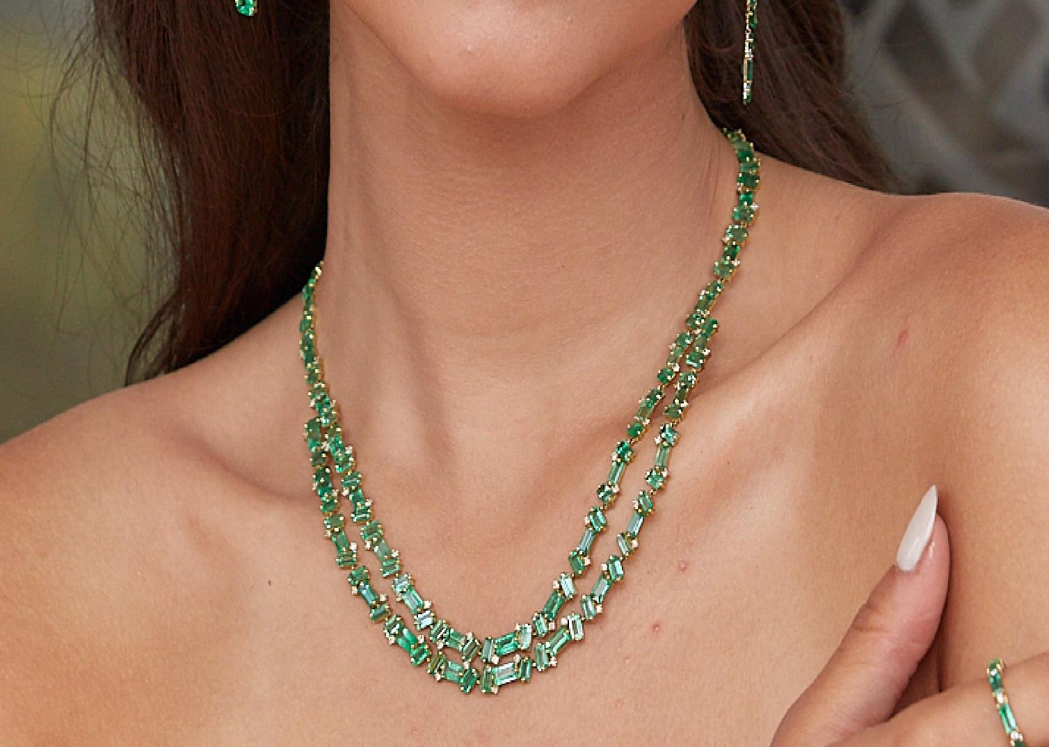 Tresor Beautiful Necklace feature 36.18 total carats of Emerald & 1.44 carats of Diamond. The Necklace is an ode to the luxurious yet classic beauty with sparkly gemstones and feminine hues. Their contemporary and modern design make them perfect and
