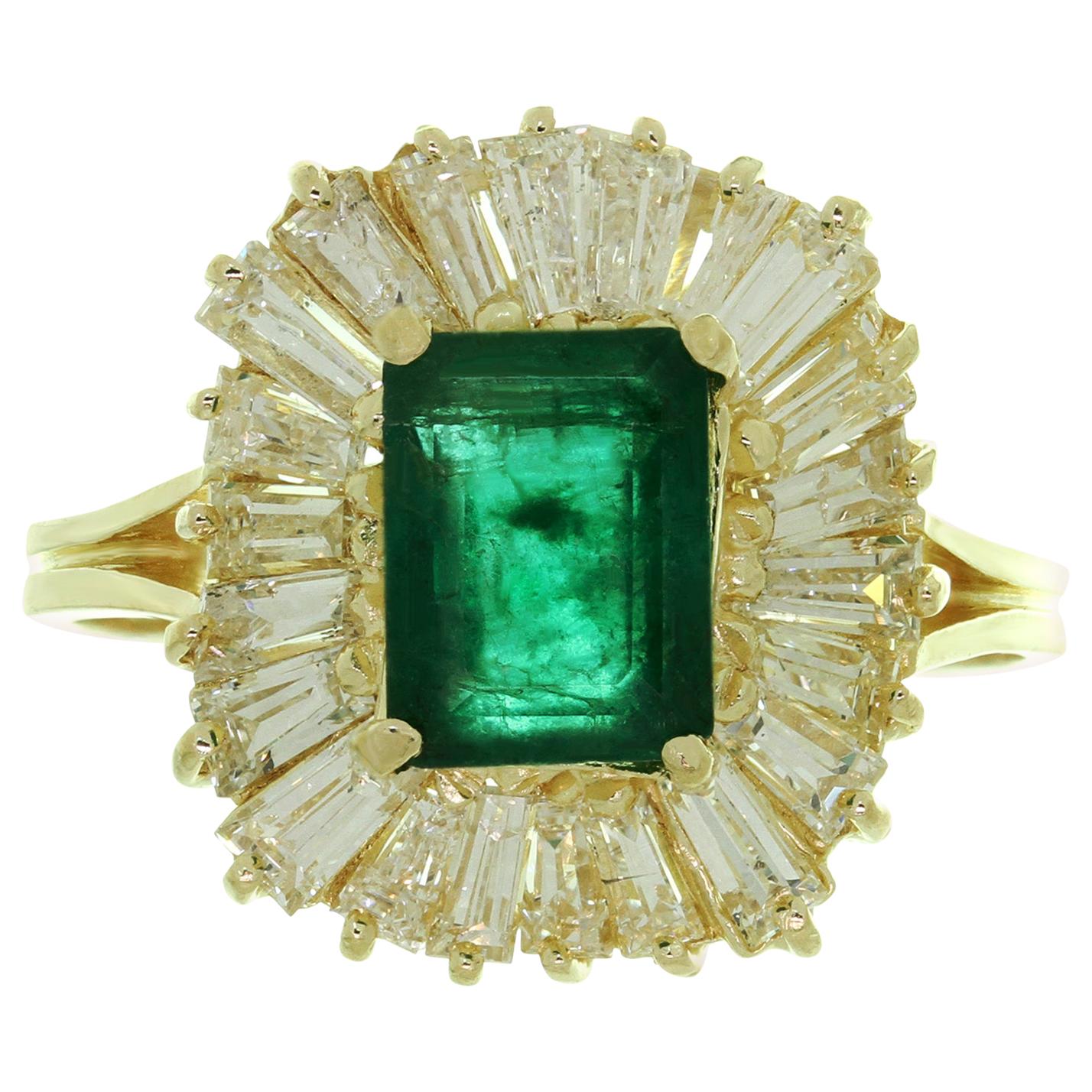 Emerald Baguette Diamond Yellow Gold Ballerina Cocktail Ring 